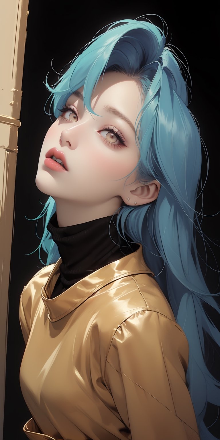 score_9,score_8_up,score_7_up,score_6_up,score_5_up,score_4_up rating_safe, looking up, surprised, gold eyes, turquoise hair, giantess, collar, turtleneck,kilt, black lips,  Vintage, 1990s \(style\)