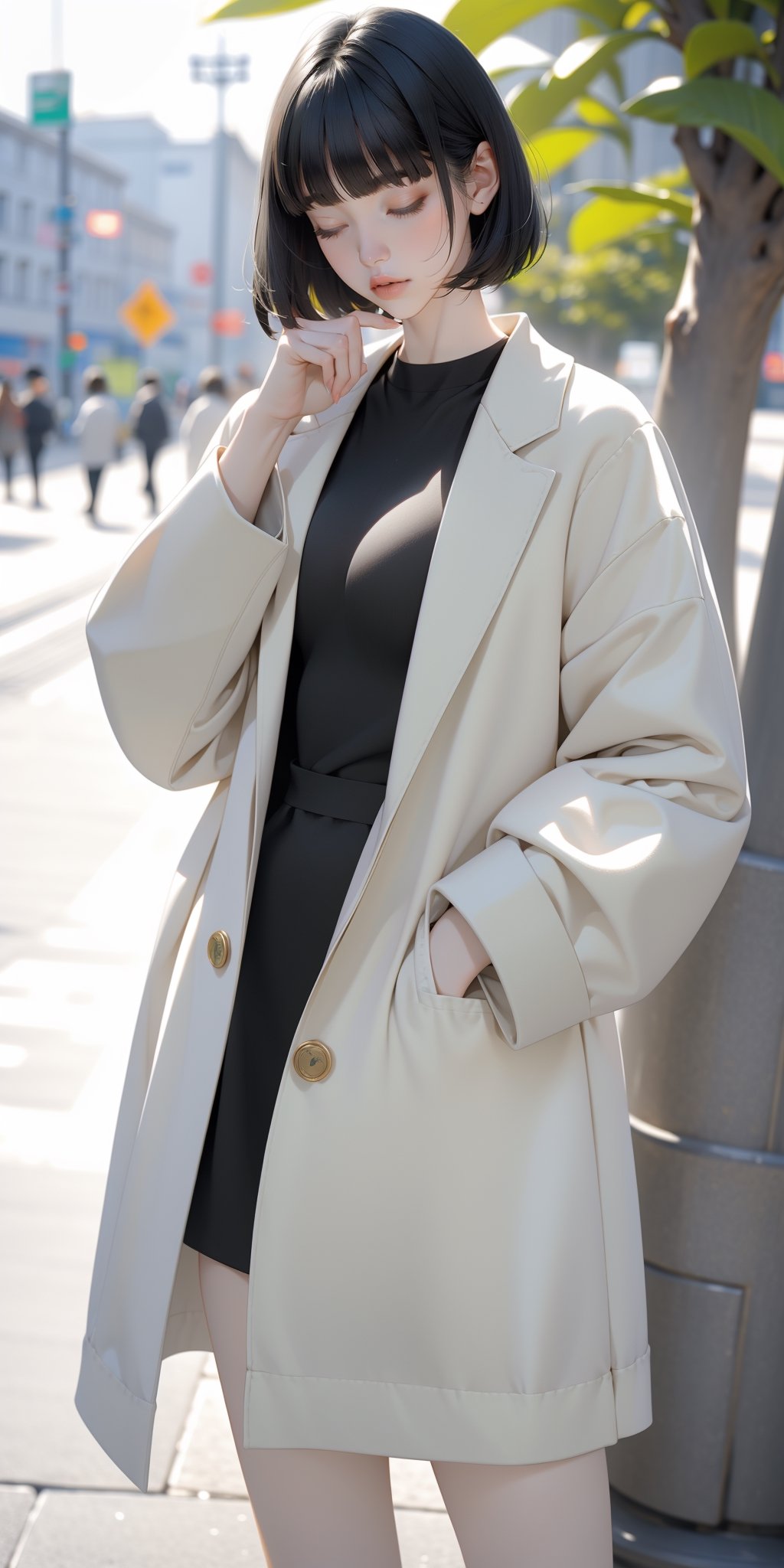 1girl, solo, short hair, bangs, black hair, long sleeves, standing, closed eyes, outdoors, blunt bangs, medium hair, bag, blurry, tree, coat, backpack, plant, building, hand in pocket, hands in pockets,green theme,1 girl,ruanyi0249