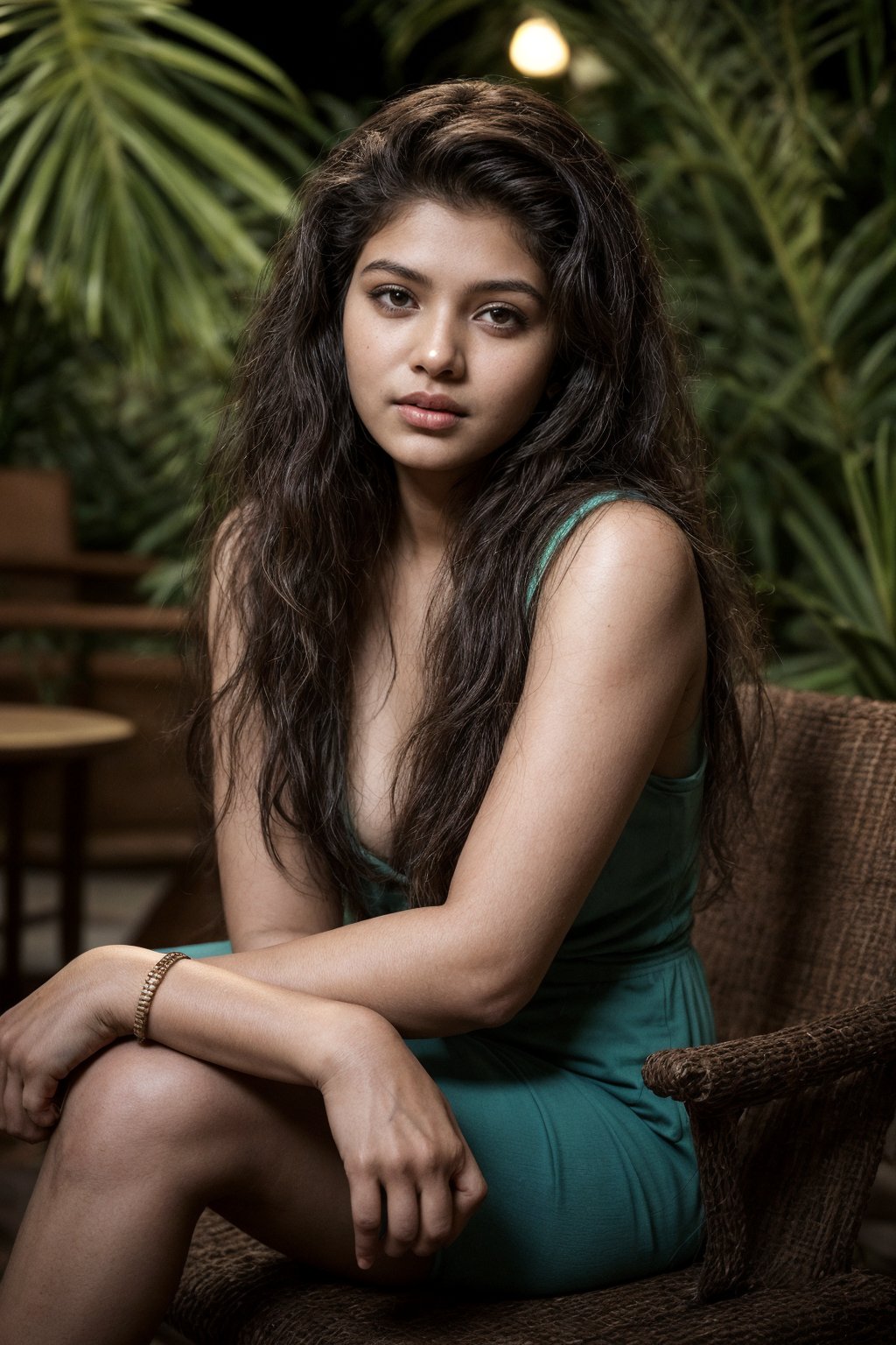 A cinematic photo of a young Indian woman with wavy hair, aged 18, sitting in a tropical-styled  mall at evening and posing hot for her photo. Her eyes are open, and she gives a sexy expression. The overall atmosphere of the image is serene and cinematic, capturing the essence of fashion and beauty. Background  must depict cozy tropical style cafe blurred