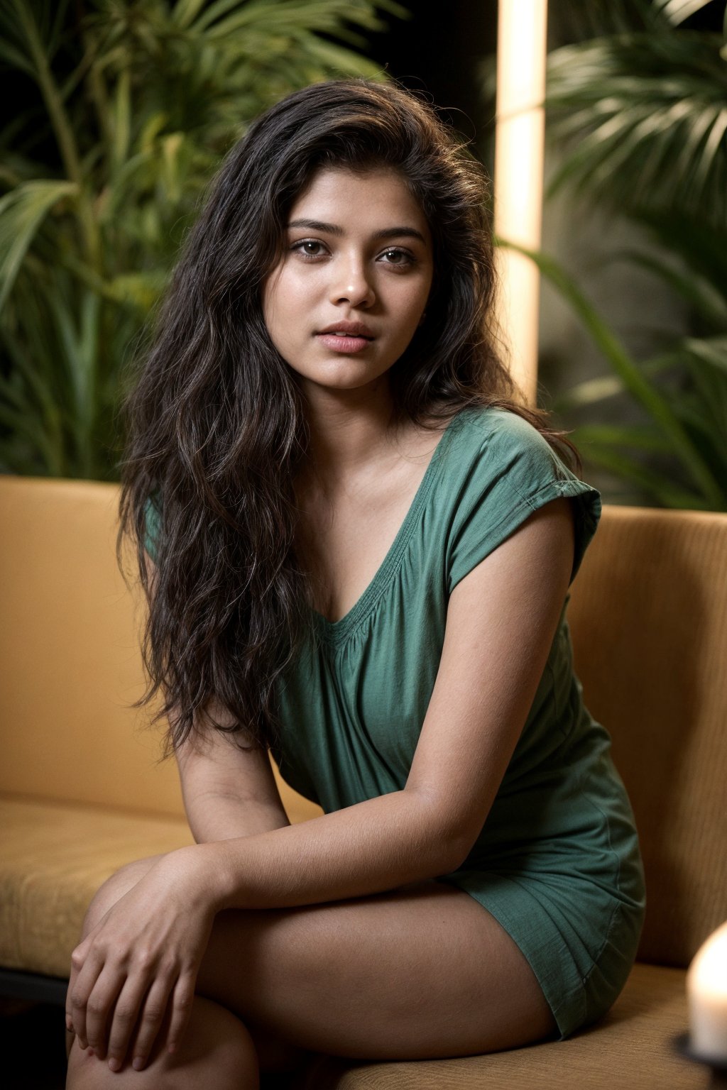 A cinematic photo of a young Indian woman with wavy hair, aged 18, sitting in a tropical-styled  mall at evening and posing with smoking hot for her photo. Her eyes are open, and she gives a sexy expression. The overall atmosphere of the image is serene and cinematic, capturing the essence of fashion and beauty. Background  must depict cozy tropical style cafe blurred