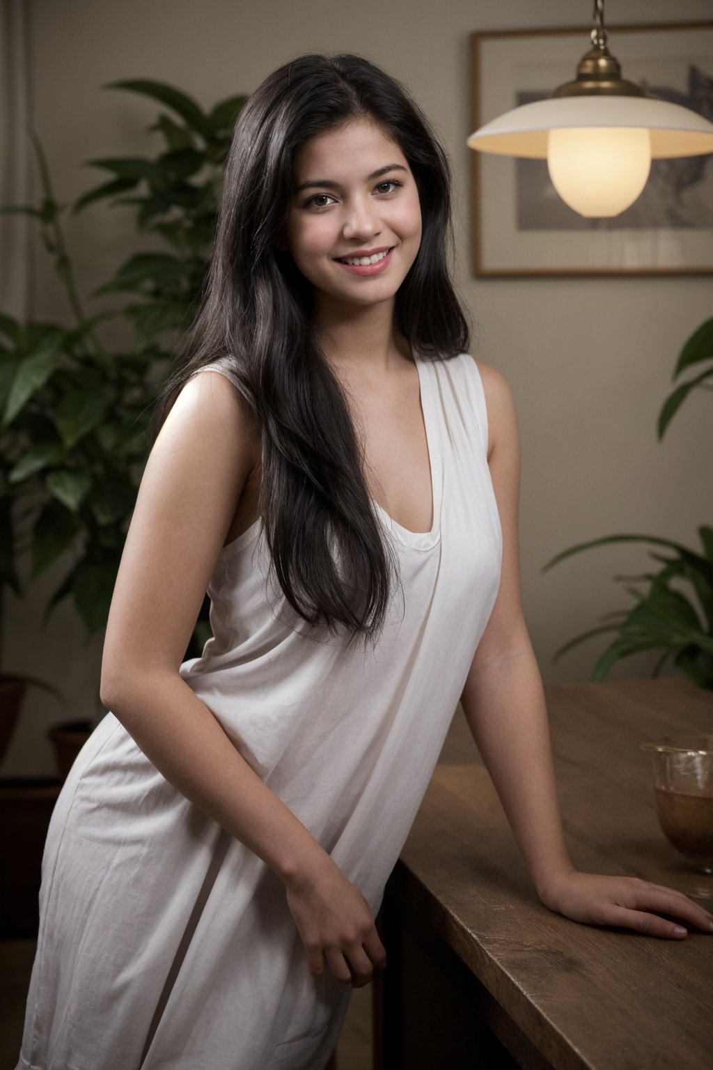  A photorealistic photo in studio, detailed indian 8k  photo of an 18-year-old indian fair girl with captivating beauty with inviting lust smile,posing in a studio. She has long black hair and is wearing a deep neck white shirt and a dark vest. She is looking directly at the camera with a smile. The background is blurred and contains a few plants and a lamp. The lighting is soft., The girl's expression should be one of naughty and contentment, showcasing her enjoyment of the moment. ,SD 1.5 ,