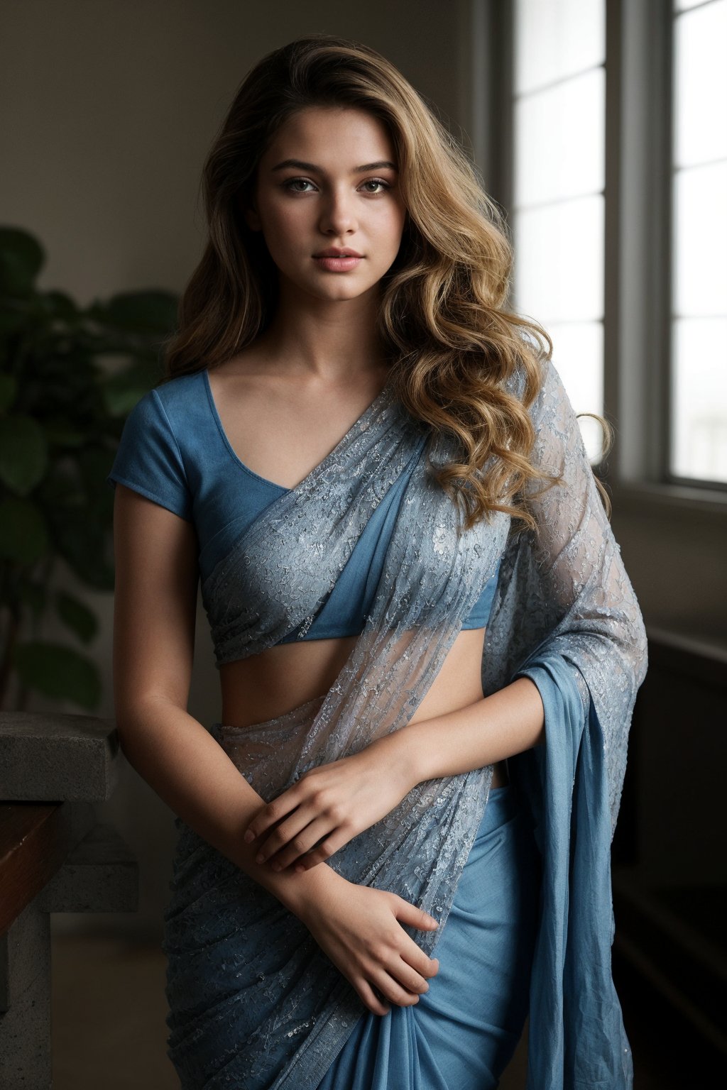 A captivating fashion photo of a young indian 18 year old woman with wavy blonde hair, wearing a modern and stylish blue saree. The new saree design features intricate patterns and a subtle sheen, complementing her fashionable sunglasses. With a vibrant flower resting in her hair, she gracefully holds a bouquet of flowers in her hand. The warm ambiance of the photo is enhanced by the soft glow of airplane lights, creating a serene and sophisticated atmosphere., photo, fashion SD 1.5 ,