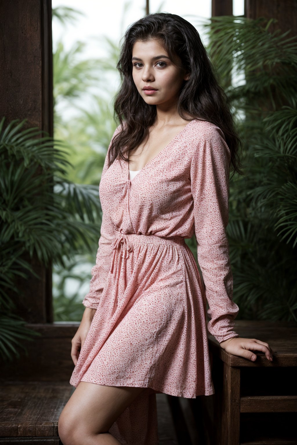 A cinematic 8k  photo of a fair young Indian woman with wavy hair, age of 18, wearing a red polka dot dress. She is looking down at the camera with a soft smile. The dress is a v-neck with long sleeves that are slightly puffed at the shoulders. It is a short dress that hits just above the knee and has a flowy skirt. 
The woman is standing and candid shot
Her eyes are open, and she gives a sexy expression. The overall atmosphere of the image is serene and cinematic, capturing the essence of fashion and beauty. Background  must depict cozy tropical style room with cozy environment  and bright light