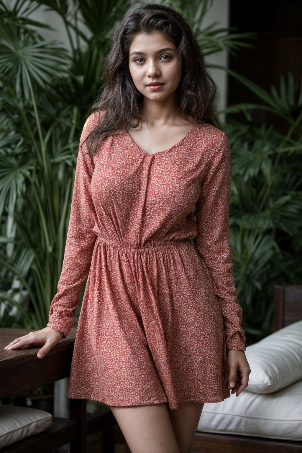 A cinematic 8k  photo of a fair young Indian woman with wavy hair, age of 18, wearing a red polka dot dress. She is looking down at the camera with a soft smile. The dress is a v-neck with long sleeves that are slightly puffed at the shoulders. It is a short dress that hits just above the knee and has a flowy skirt. 
The woman is standing and candid shot
Her eyes are open, and she gives a sexy expression. The overall atmosphere of the image is serene and cinematic, capturing the essence of fashion and beauty. Background  must depict cozy tropical style room with cozy environment  and bright light