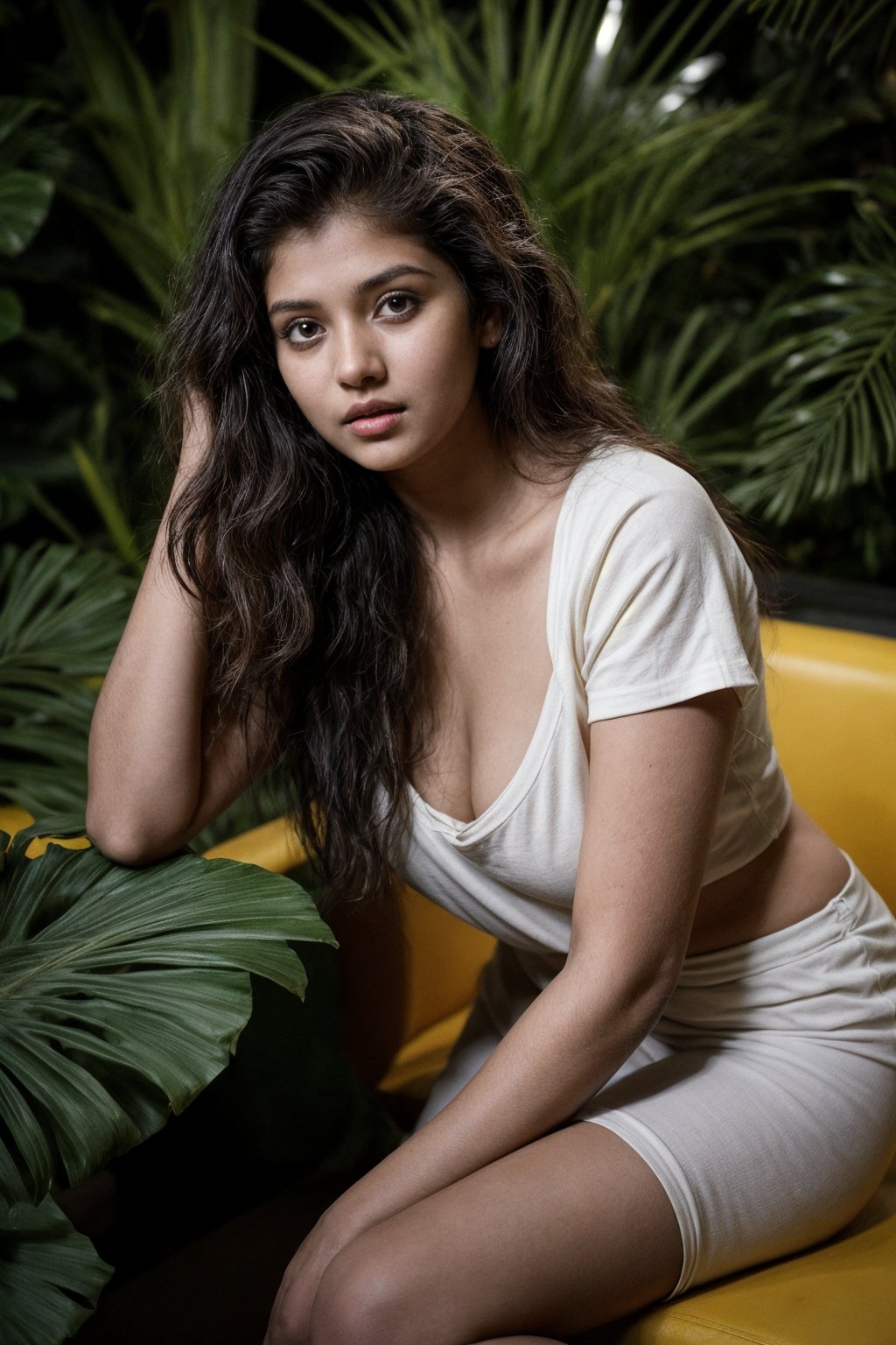 A cinematic photo of a young Indian woman with wavy hair, aged 18, sitting in a tropical-styled  mall at evening and posing hot for her photo. Her eyes are open, and she gives a sexy expression. The overall atmosphere of the image is serene and cinematic, capturing the essence of fashion and beauty. Background  must depict cozy tropical style cafe blurred