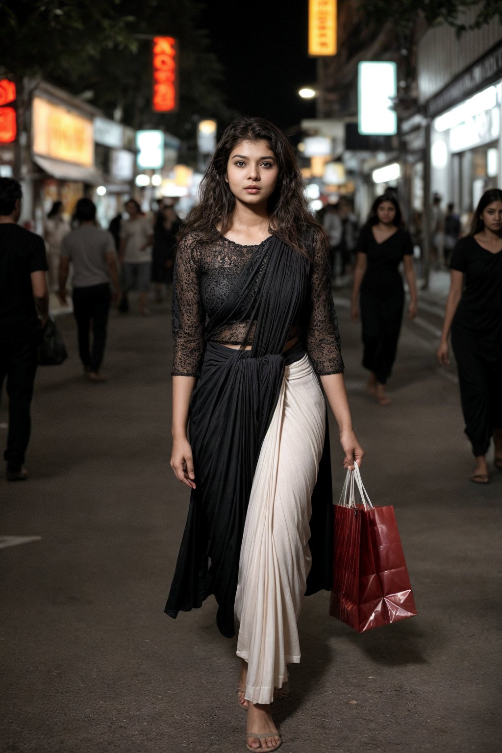 A cinematic  candid photo of a fair young Indian woman with wavy hair, aged 18, shopping in streets  at evening ,she is waring revealing semi transparent black thin stylish modren saree outfit. The overall atmosphere of the image is serene and cinematic, capturing the essence of fashion and beauty. Background  must depict buzy crowded street with road dide vendors selling women articles blurred