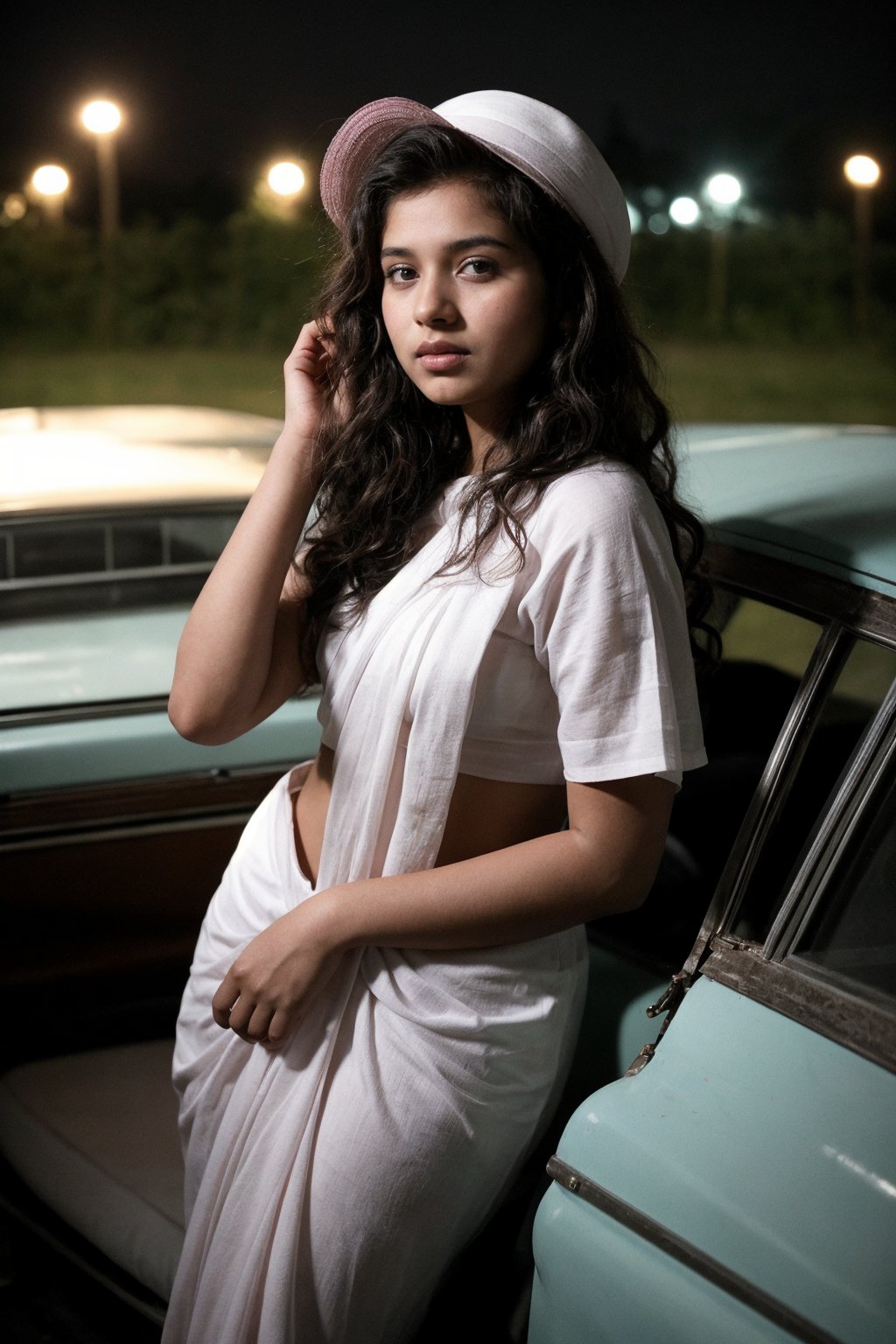 A young indian 18 year old woman with wavy hair a watching out of the window in a old car and old car in white colour warm lights. And she wearing a pink saree but in new design and also wearing a hat and sunglasses for night and she having a flowers in hand ., photo, fashion