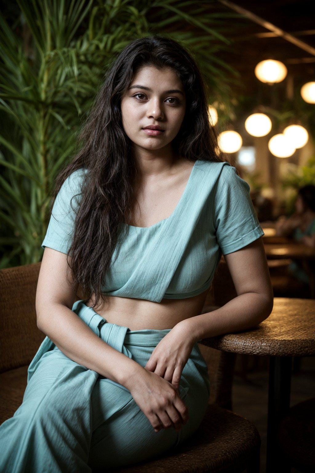 A cinematic photo of a fair young Indian woman with wavy hair, aged 18, sitting in a tropical-styled cafe  at evening and posing hot for her photo, she is waring revealing modren saree outfit. Her eyes are open, and she gives a sexy expression. The overall atmosphere of the image is serene and cinematic, capturing the essence of fashion and beauty. Background  must depict cozy tropical style cafe blurred