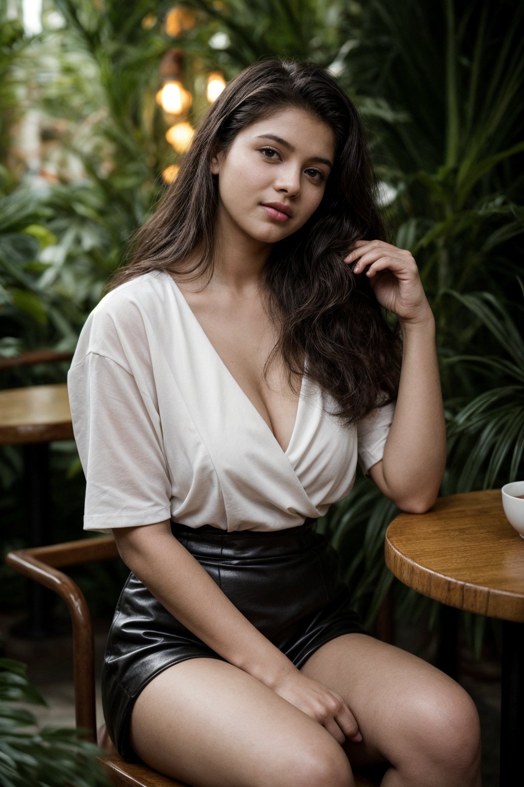 A cinematic photo of a fair young Indian woman with wavy hair, aged 18, sitting in a tropical-styled cafe eating fruits at evening and posing hot for her photo, she is vering revealing leather outfit. Her eyes are open, and she gives a sexy expression. The overall atmosphere of the image is serene and cinematic, capturing the essence of fashion and beauty. Background  must depict cozy tropical style cafe blurred