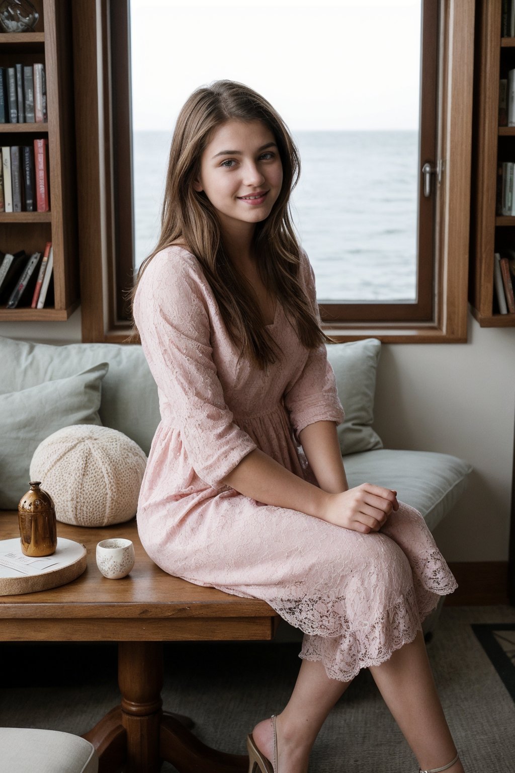 A captivating fashion photo of a young 18 year old indian fair woman with brown hair, seated in a cozy indoor living space. She gazes directly at the camera with a slight smile, her eyes sparkling blue in the soft, natural light. The woman wears a stunning pink lace dress and a delicate necklace, holding a glass of white wine. The background features a wooden chair, a small table, and a bookshelf adorned with books, figurines, and decorative pieces, creating an intimate and personal atmosphere. The ocean view is seen through a large window, adding a touch of serenity to the scene., fashion, photo,SD 1.5 ,