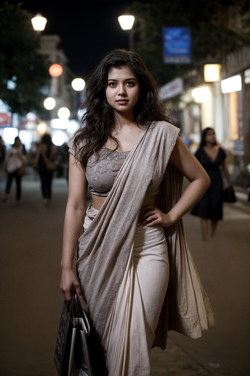 A cinematic photo of a fair young Indian woman with wavy hair, aged 18, shopping in streets  at evening and posing hot for her photo, she is waring revealing modren saree outfit. Her eyes are open, and she gives a sexy expression. The overall atmosphere of the image is serene and cinematic, capturing the essence of fashion and beauty. Background  must depict buzy crowded street with road dide vendors selling women articles blurred