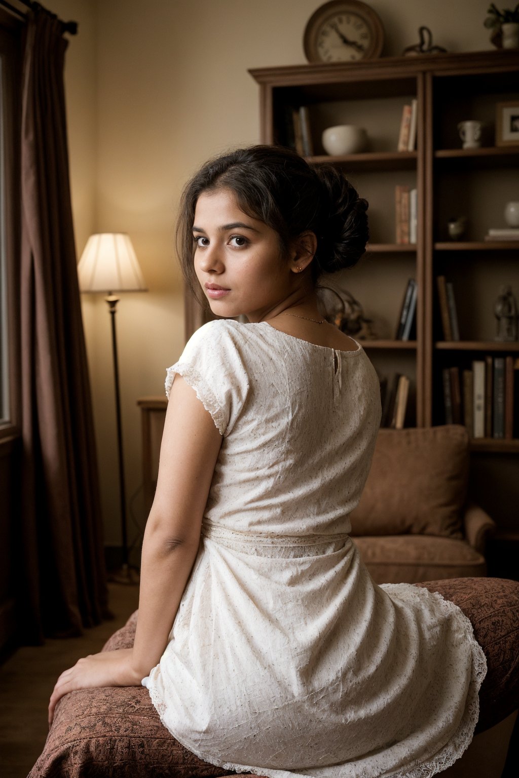 A photorealistic detailed indian 8k Boudoir photo of an 18-year-old indian fair girl with A captivating photograph of a young woman with, seated in a charming, vintage-style room. She is posing standing,with her entire back visible to the viewer. Her back is beautifully . she wearing a pink, lacey dress. Her hair is styled in a messy updo, adding to her contemplative expression. The room's cozy ambiance is enhanced by a bookshelf filled with a variety of books, decorative items, and figurines. A window in the background allows natural light to illuminate the space, creating a warm and inviting atmosphere., fashion, photo ,SD 1.5 ,