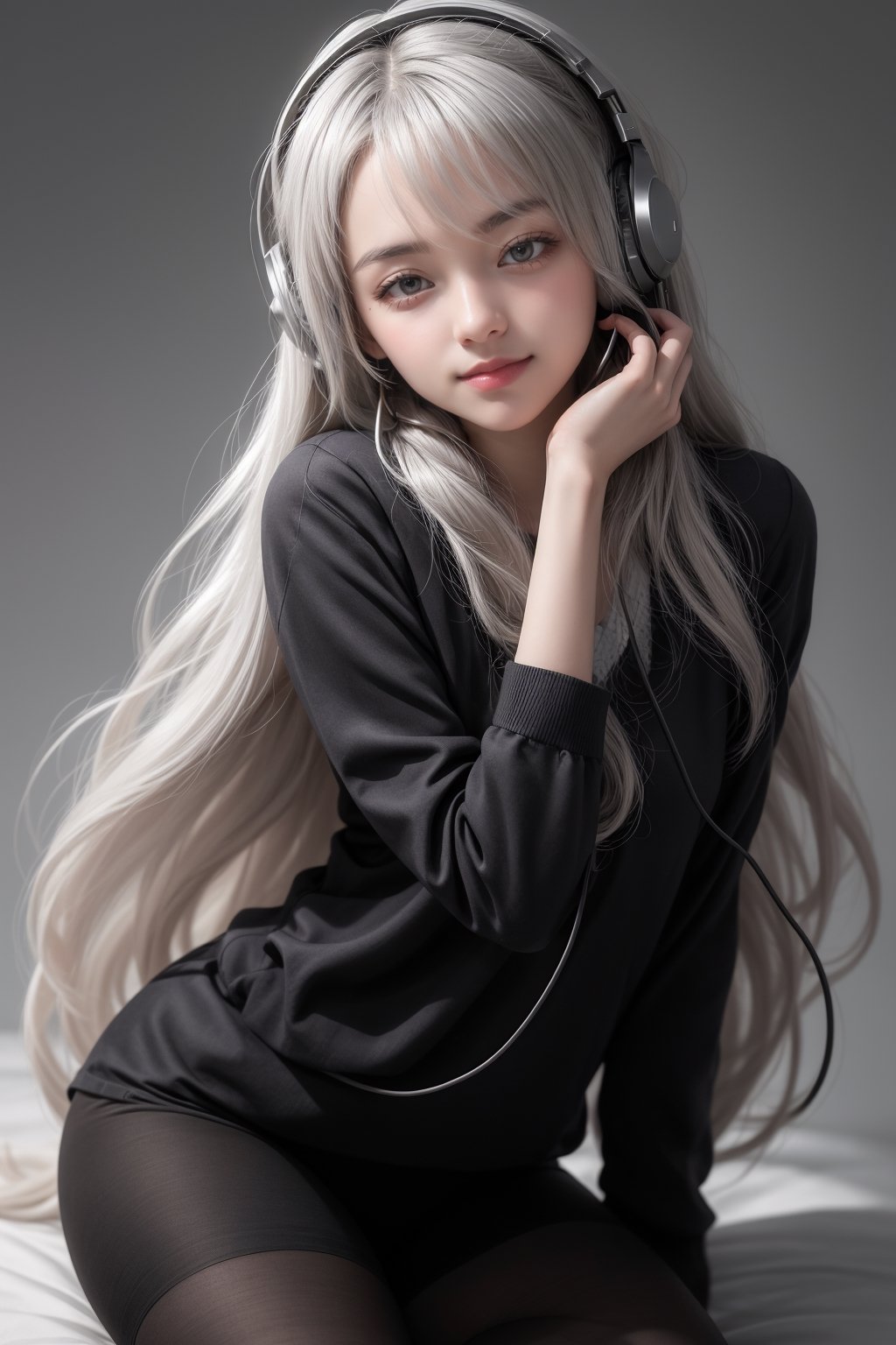 warm light room Beautiful woman with silver long hair against a grey background.over-the-ear headphones Smile,black tights top,Girl