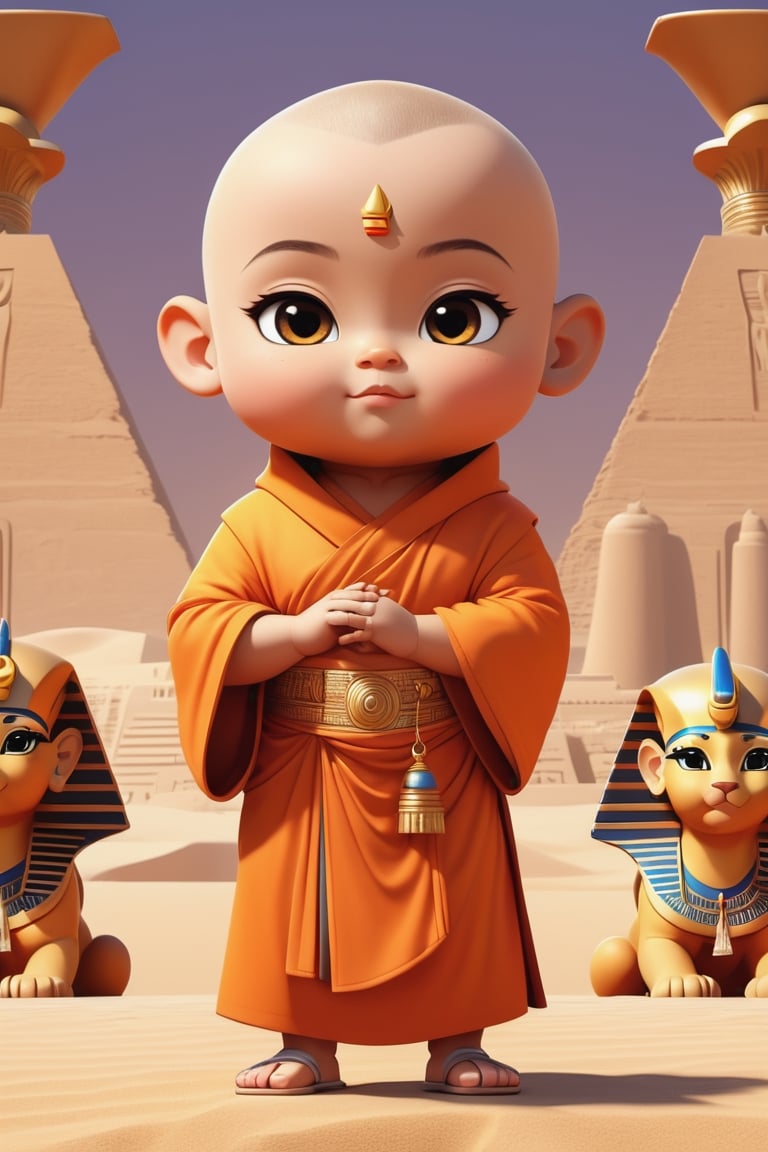 Really cute, fat little monk wearing , Stylish orange cassock and shoes standing in front of Egyptian Sphinx, anthropomorphic, cute pose, solid color, simple background, 4k, 8k, 16k, dance moves moonwalk, (surreal footage )
((whole body)),(viewed from a distance).,Chibi,chibi