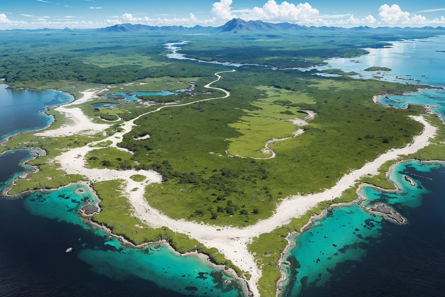 best quality,8k,hd,ultra realistic, helicpoter photo, A map of a fantasy jungle island, displaying rivers,swamps,jungles,mountains , several small islands and a sharp reef surrounds most of the remote island, most of its shorelines are fertile red clay, the southlands are farmlands of sugarcanes and wild wheats,the east is a pale ghost jungle, the northern plateus of the islands are surrounded by a marshlands deltaa where several of the freshwater rivers from the mountains meet, the highlands on the north is a dense jungle surrounded by mighty mountains,
(only the southernmost part of the island has a harbor and some colonies),