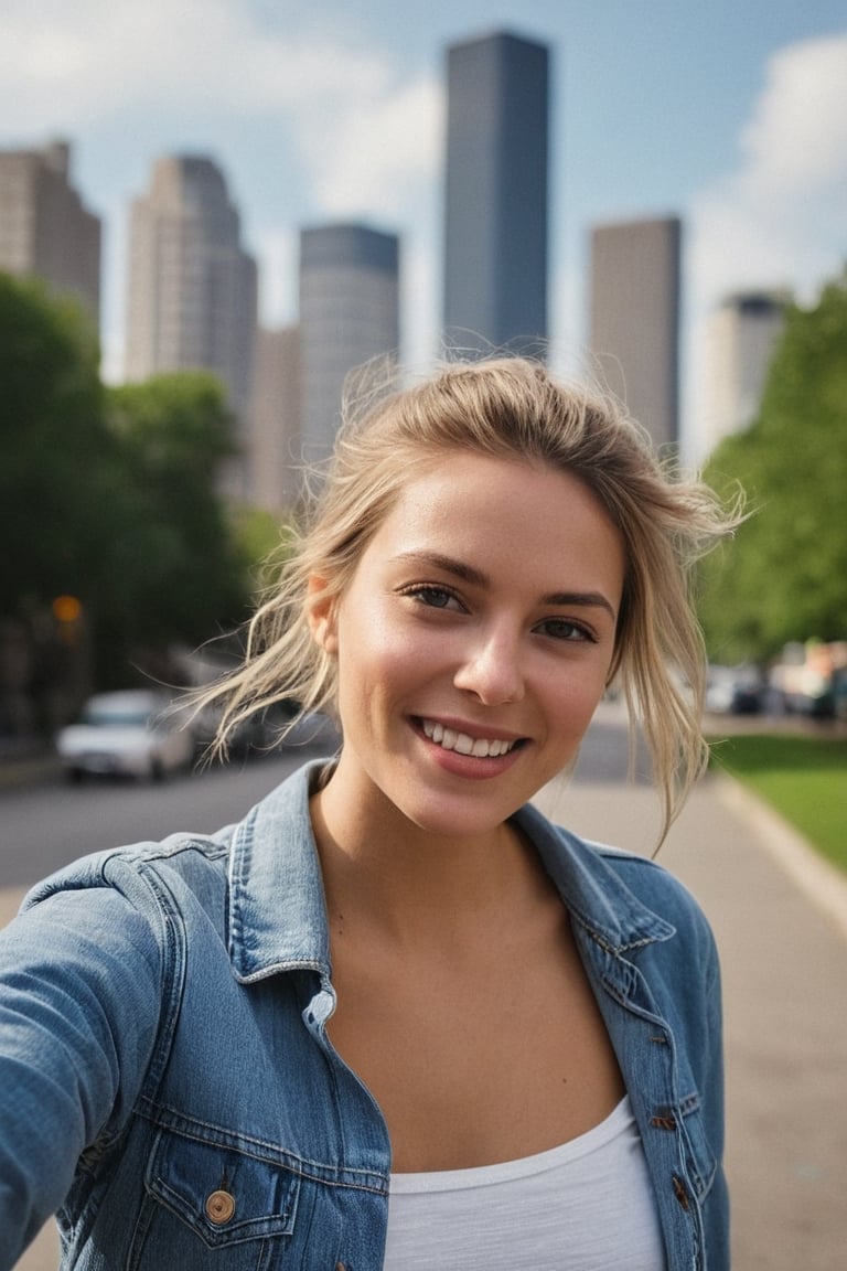 cute 18 years old woman, very detailed face, blonde long hair, strolling through an urban park in the early evening. She's dressed in a trendy denim jacket adorned with colorful patches, a white summer dress with floral prints, and casual sneakers. Her blonde hair is tied up in a messy bun, and she's wearing subtle makeup that highlights her natural beauty. She's laughing as she takes a selfie with her vintage camera, capturing the moment as the city lights start to twinkle in the background. The image should convey a sense of youthful freedom, creativity, and the vibrant energy of city life, RAW candid cinema, 16mm, color graded portra 400 film, remarkable colors, ultra realistic,, captured on (Nikon D850) seductive facial expression