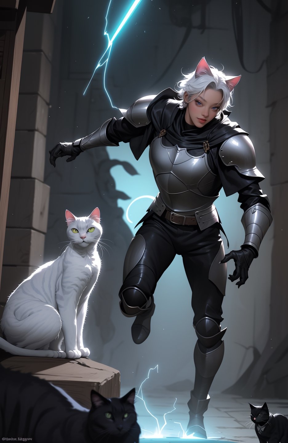 style of Sui Ishida, Guweiz, didier cassegrain, Bo Bartlett, An anthropomorphic knight cat, furious cat, antrhopomorphic, dungeon interior, glow, runic magic, swirling with energy, dark knight outfit, white cat, adventurer, dnd, mtg, 