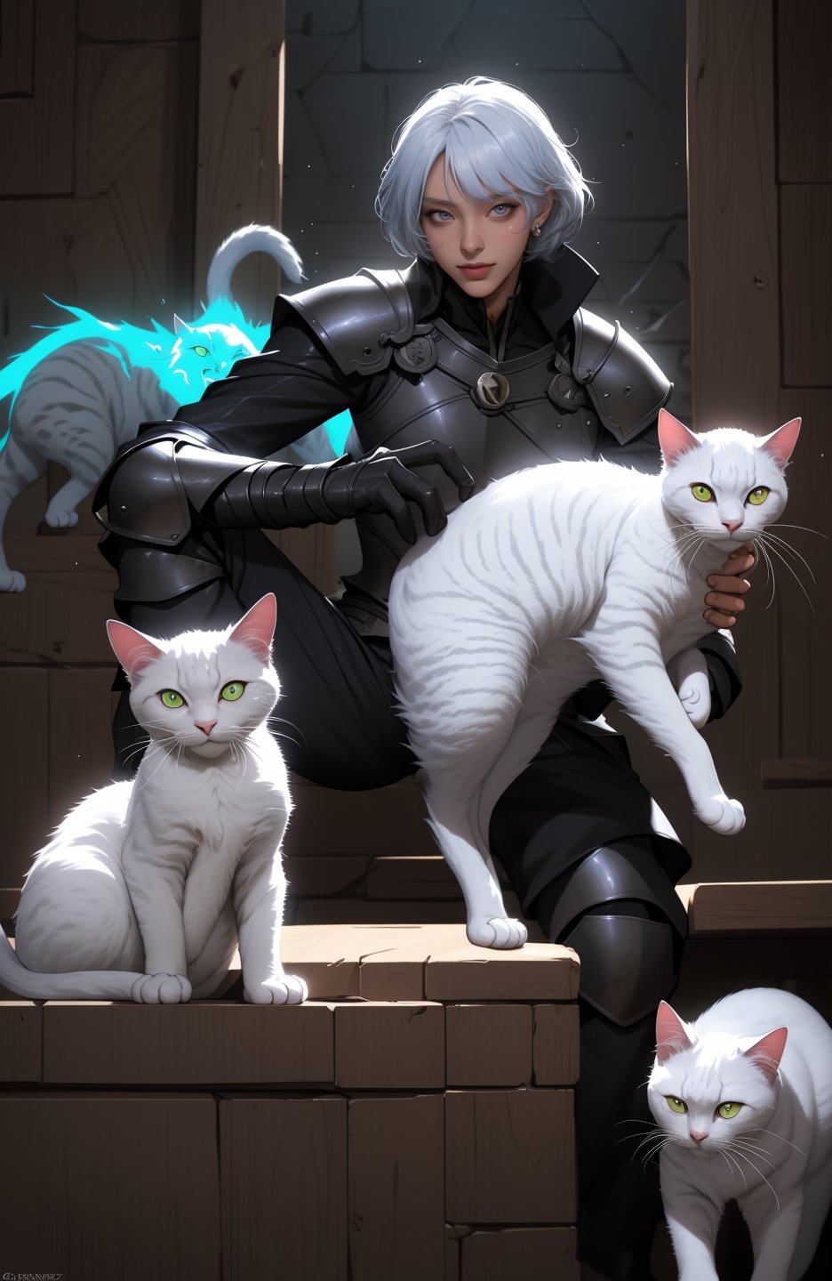 style of Sui Ishida, Guweiz, didier cassegrain, Bo Bartlett, An anthropomorphic knight cat, furious cat, antrhopomorphic, dungeon interior, glow, runic magic, swirling with energy, dark knight outfit, white cat, adventurer, dnd, mtg, 