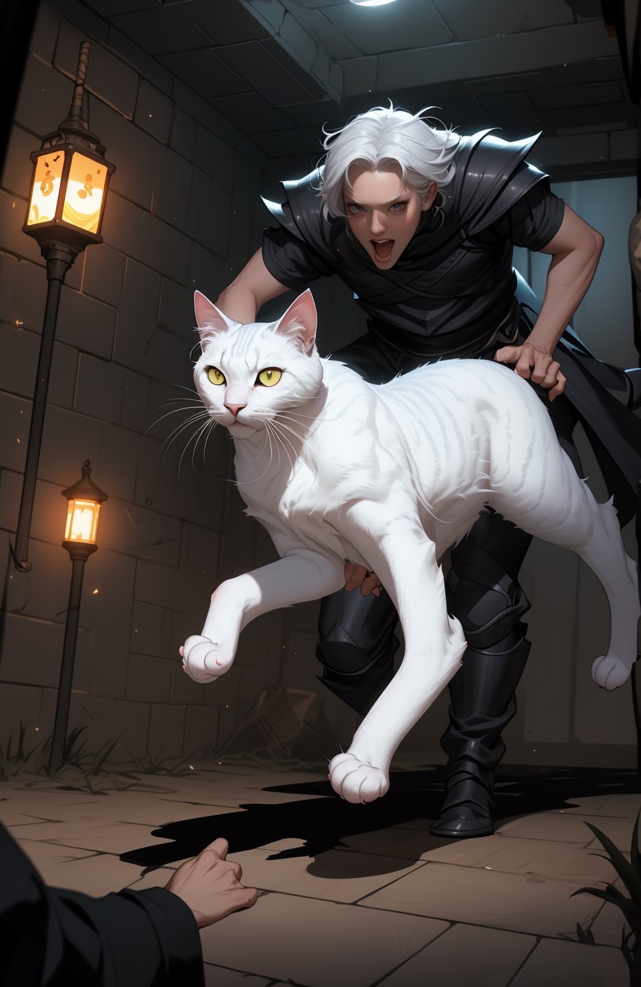 style of Sui Ishida, Guweiz, didier cassegrain, Bo Bartlett, An anthropomorphic knight cat, furious cat, antrhopomorphic, dungeon interior, glow, runic magic, swirling with energy, dark knight outfit, white cat, adventurer, dnd, mtg, 