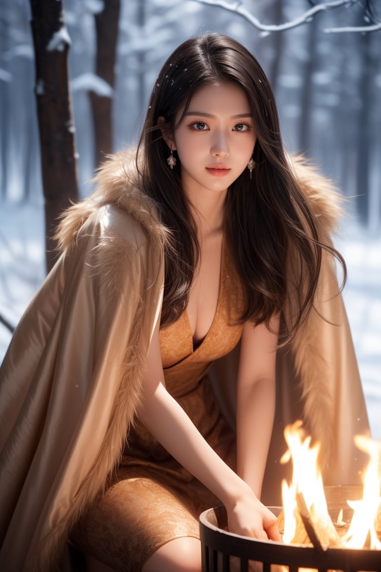 background is night,snow covered forest,wild forest,snow storm,bonfire,a hunter,
20 yo, 1 girl, beautiful korean girl,sit behind of bonfire,warm at the fire,
wearing hunter cloth(brown fur),cape, smile, solo, {beautiful and detailed eyes}, dark eyes, calm expression, delicate facial features, ((model pose)), Glamor body type, (dark hair:1.2), simple tiny earrings, flim grain, realhands, masterpiece, Best Quality, 16k, photorealistic, ultra-detailed, finely detailed, high resolution, perfect dynamic composition, beautiful detailed eyes, eye smile, ((nervous and embarrassed)), sharp-focus, full_body, cowboy_shot,