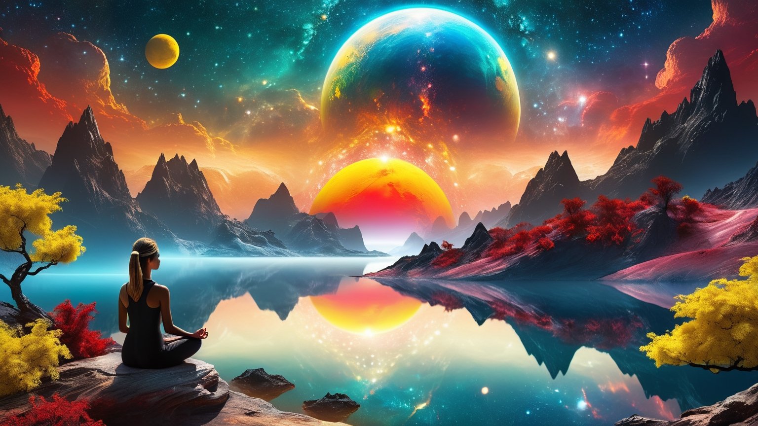 1girl meditating, from behind, yellow moon, close up angle ((on the )) , (( alien planet, nebulas and a majestic lake, alien vegetation, red sun) , detailed focus, deep bokeh, beautiful, black dark cosmic background, cosmic dreamscape, magic mist, Ultra dark theme. Visually delightful ,3D,more detail XL , ,more detail XL