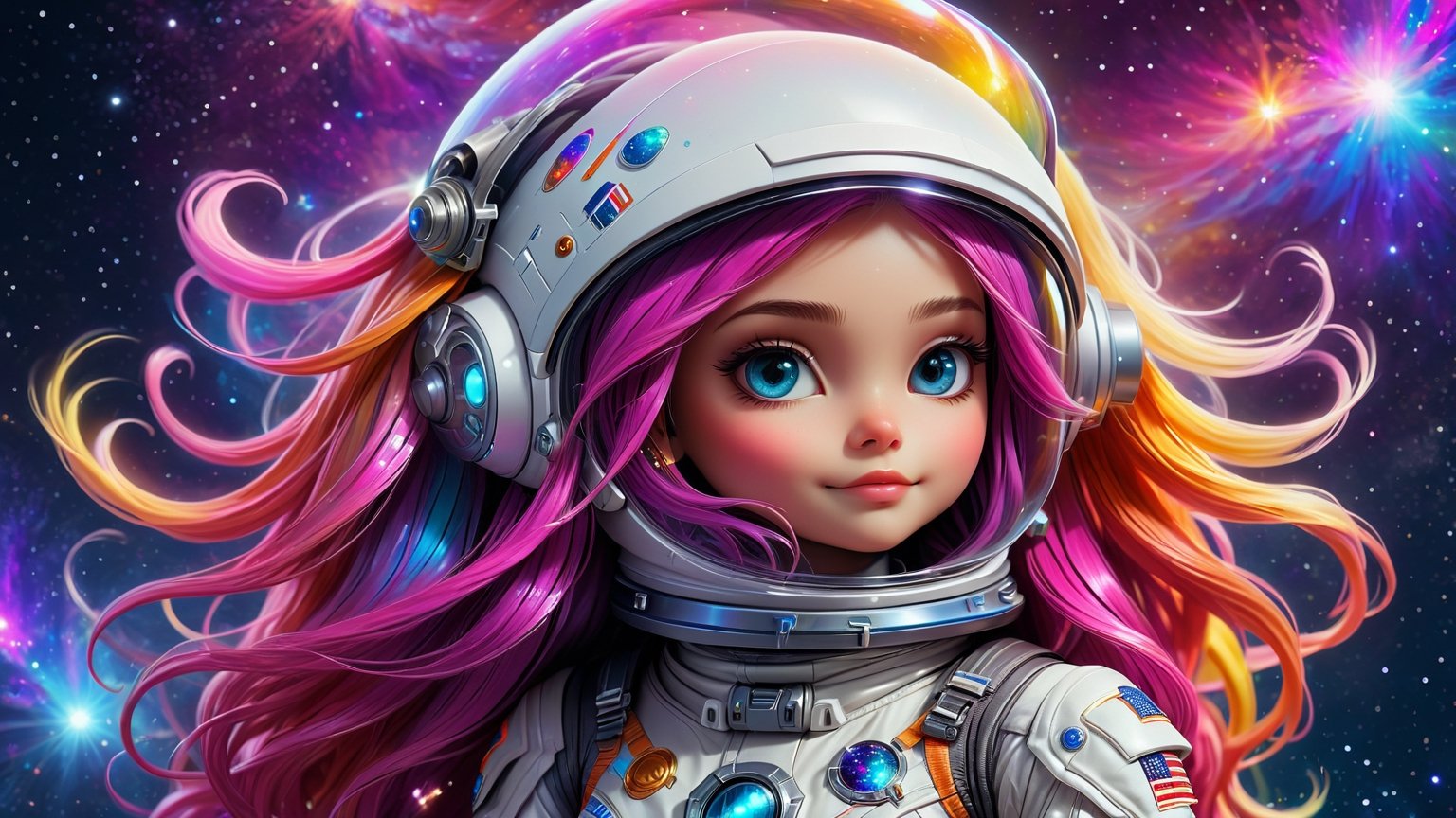 StunningDigital drawing of a beautiful, cute, attractive magical fantasy astronaut, Big colorful long hair on the helmet, with visible whole body, Tight astronaut suit, Stardust, Background galaxy, Ultra high quality clarity,glitter,cyborg style,3D