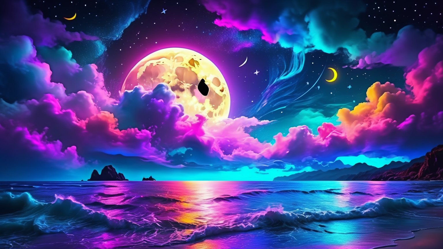 neon light art, in the dark of night, moonlit seas, clouds, moon, stars, colorful, detailed, 4k



.,Leonardo style 