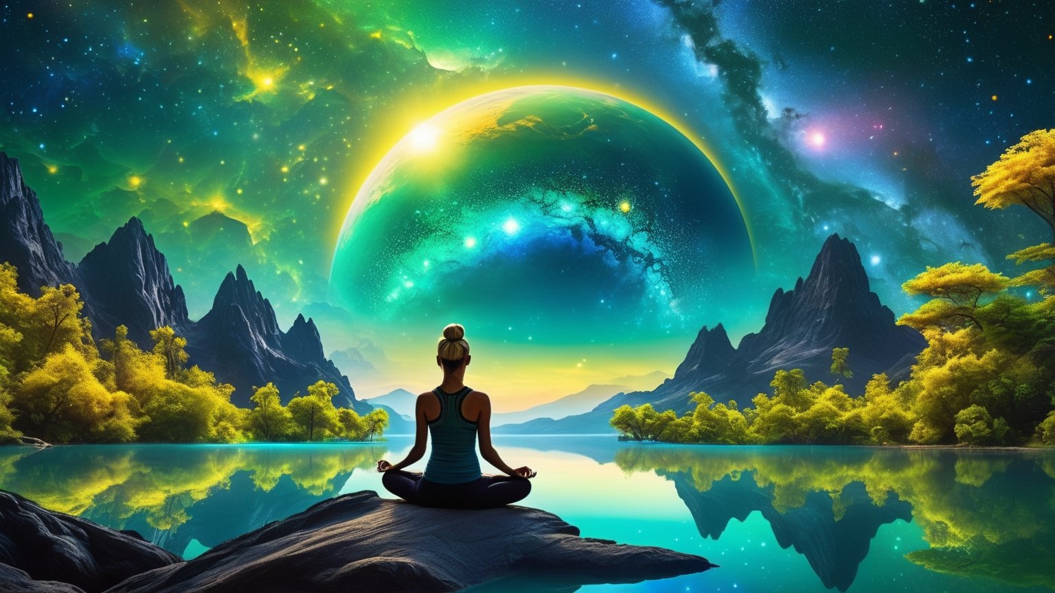 1girl meditating, from behind, yellow moon, close up angle ((on the )) , (( alien planet, blue and green, nebulas and a majestic lake, alien vegetation, sun, big trees)) , detailed focus, deep bokeh, beautiful, black dark cosmic background, cosmic dreamscape, magic mist, Ultra dark theme. Visually delightful ,3D,more detail XL , ,more detail XL
