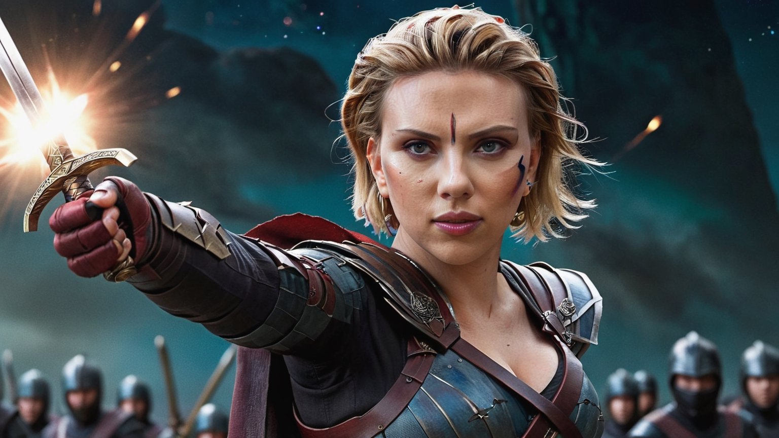 1girl, solo, full body view, fighting position, Scarlett Johansson as ”the Widdow”, in the middle of the battle, epic fight scene, swords, ninjas, full body shot, stars and planets in the background, perfect face, perfect eyes, HD details, high details, sharp focus, studio photo, HD makeup, shimmery makeup, ((centered image)) (HD render) Studio portrait, magic, magical, fantasy. ,ScarlettJohansson