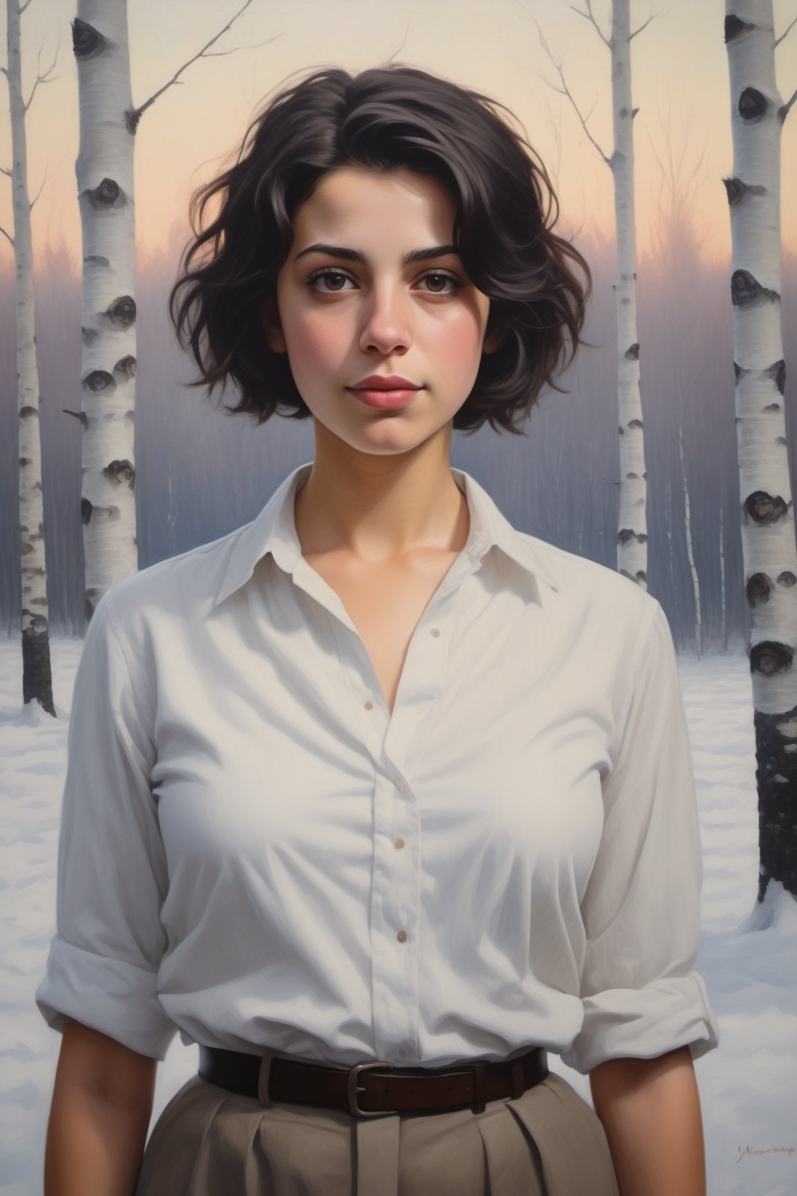 oil painting portrait of a young European Jewish girl with short black hair, tan, broad shoulders, wearing a white collared shirt, unbuttoned in the front, large heavy natural breasts, 
standing in front of a snowy forest of birch trees, 
with skyscrapers in the background.  sky is hazy foggy and overcast,  it is twilight.