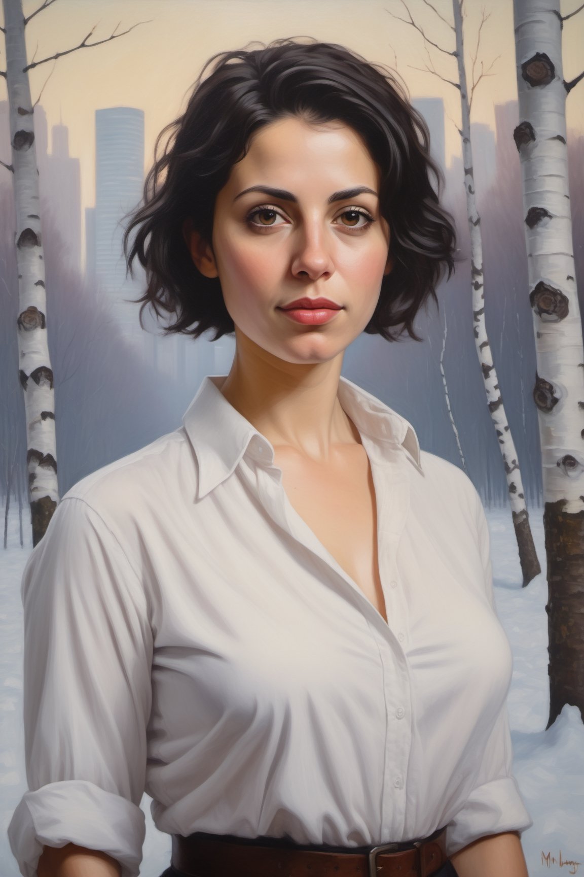 oil painting portrait of a young European Jewish woman, 30 years old, with short black hair, tan, broad shoulders, wearing a white collared shirt unbuttoned at the front, large heavy natural breasts, cleavage,
standing in front of a snowy forest of birch trees, 
with skyscrapers in the background.  sky is hazy foggy and overcast,  it is twilight.