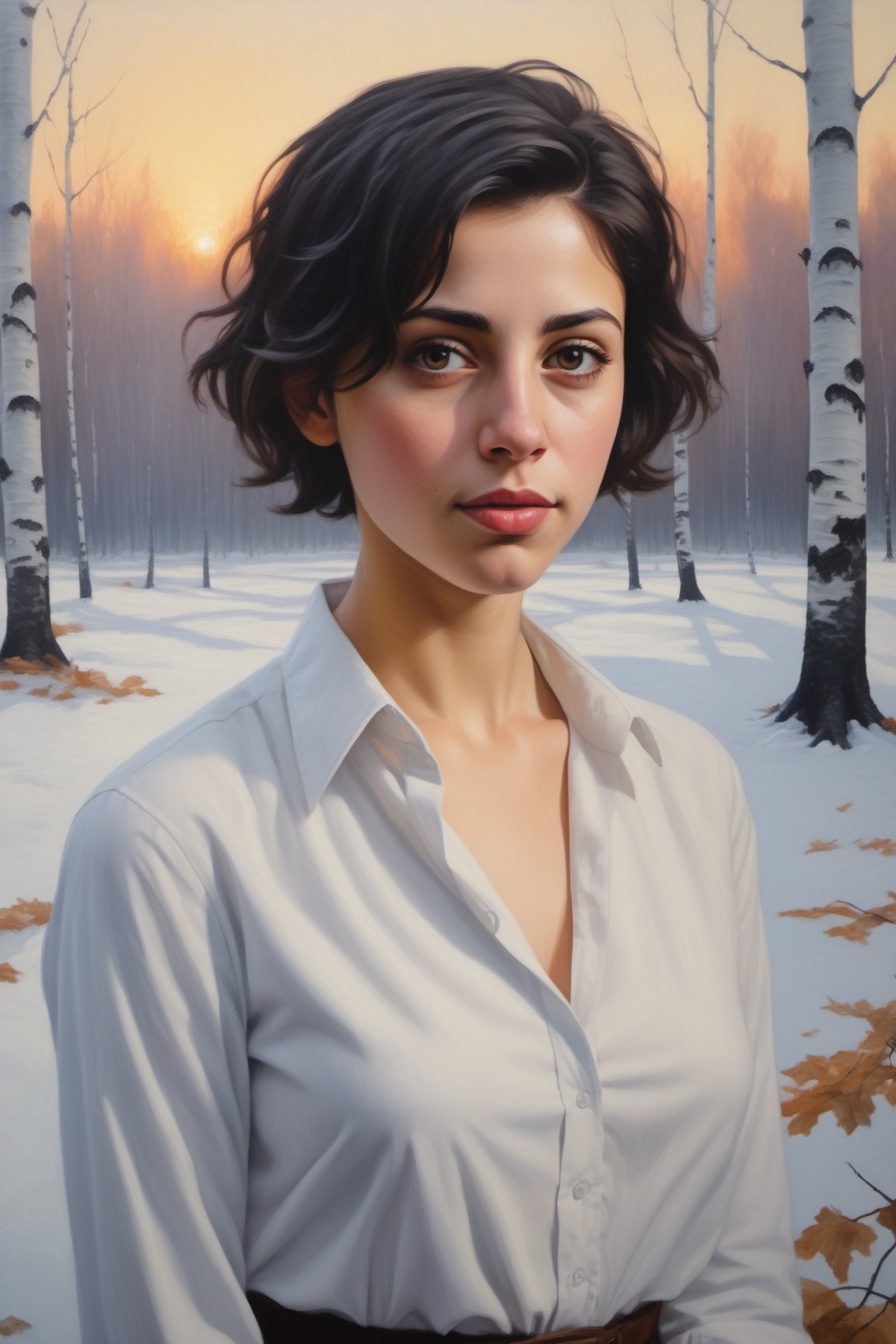 oil painting portrait of a young European Jewish girl with short black hair, tan, broad shoulders, wearing a white collared shirt, unbuttoned in the front, large heavy natural breasts, 
standing in front of a snowy forest of birch trees, 
with skyscrapers in the background.  sky is hazy foggy and overcast,  it is twilight.