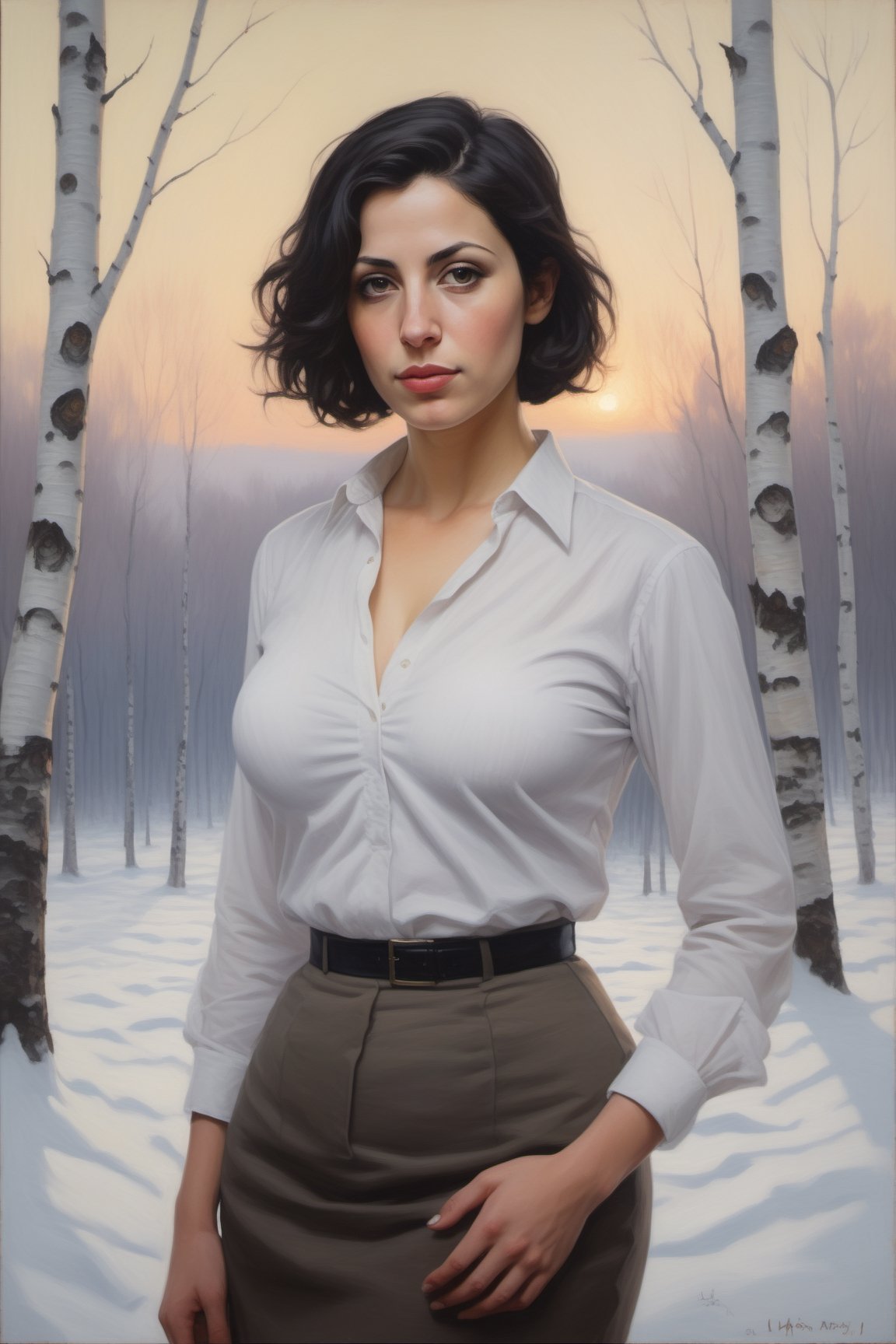 oil painting portrait of a young European Jewish woman, 32 years old, with short black hair, tan, broad shoulders, wearing a white collared shirt unbuttoned at the front, large heavy natural breasts, cleavage,
standing in front of a snowy forest of birch trees, 
with skyscrapers in the background.  sky is hazy foggy and overcast,  it is twilight.