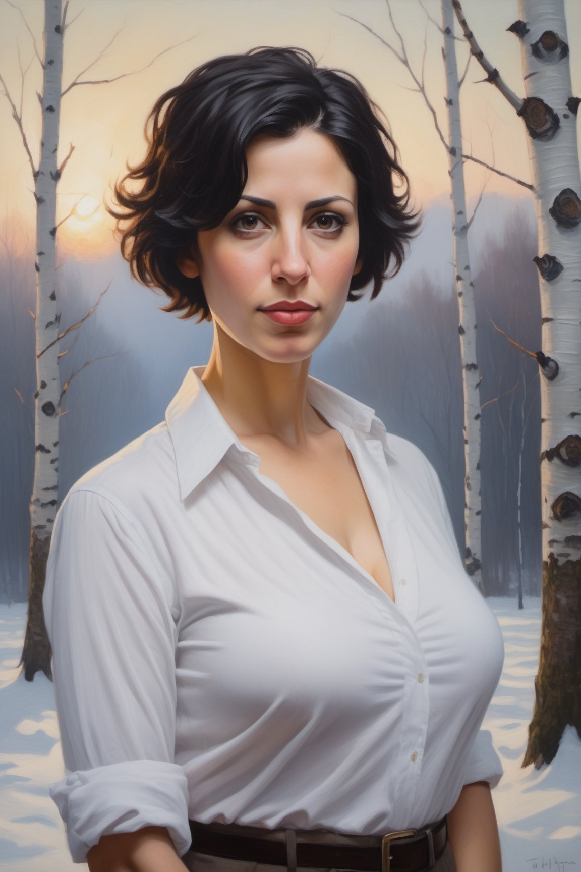 oil painting portrait of a young European Jewish woman, 35 years old, with short black hair, tan, broad shoulders, wearing a white collared shirt unbuttoned in the front, large heavy natural breasts, cleavage,
standing in front of a snowy forest of birch trees, 
with skyscrapers in the background.  sky is hazy foggy and overcast,  it is twilight.