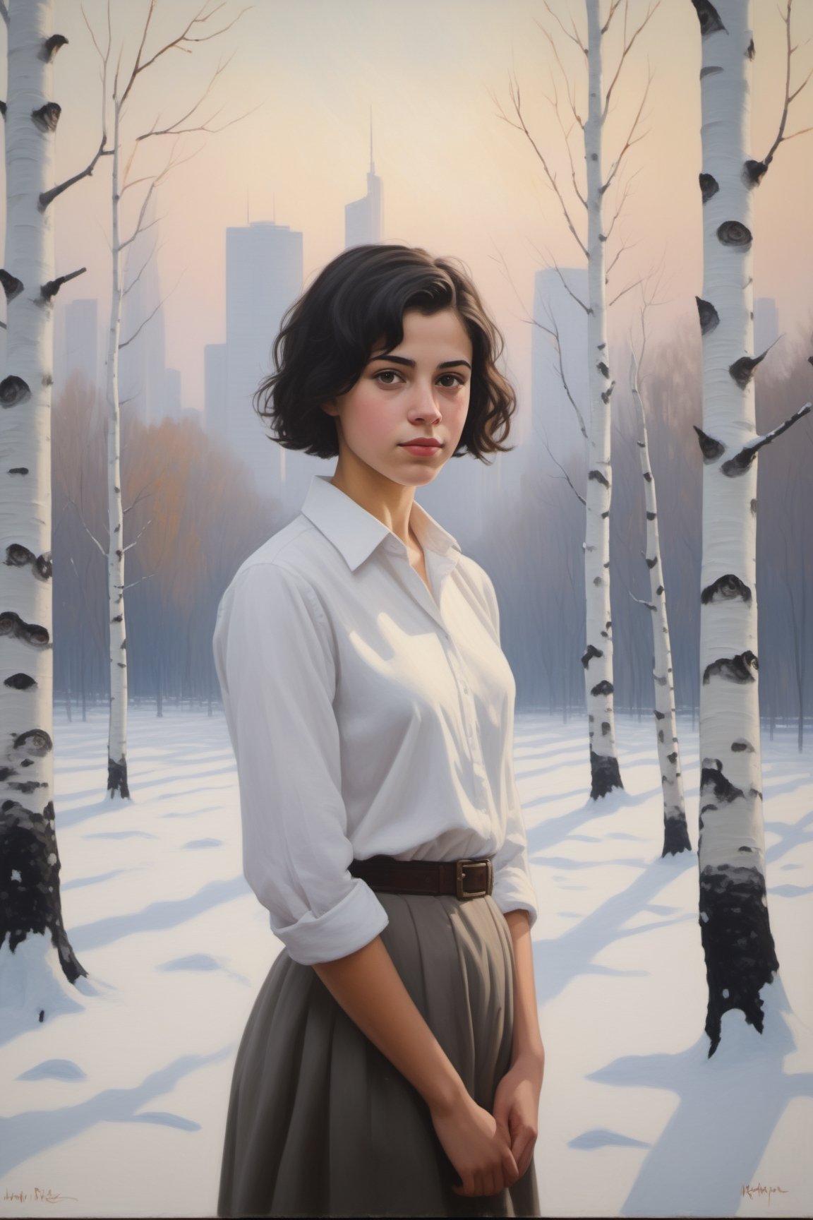 oil painting portrait of a young European Jewish girl with short black hair, tan, broad shoulders, wearing a white collared shirt,
standing in front of a snowy forest of birch trees, 
with skyscrapers in the background.  sky is hazy foggy and overcast,  it is twilight.