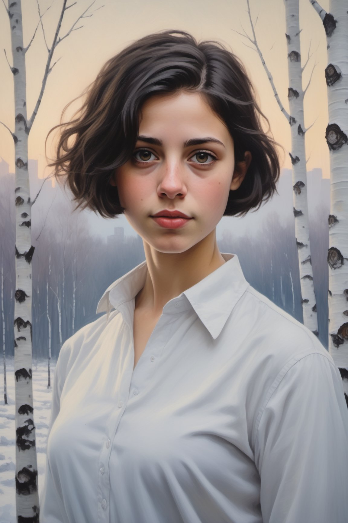 oil painting portrait of a young European Jewish girl with short black hair, tan, broad shoulders, wearing a white collared shirt,
standing in front of a snowy forest of birch trees, 
with skyscrapers in the background.  sky is hazy foggy and overcast,  it is twilight.