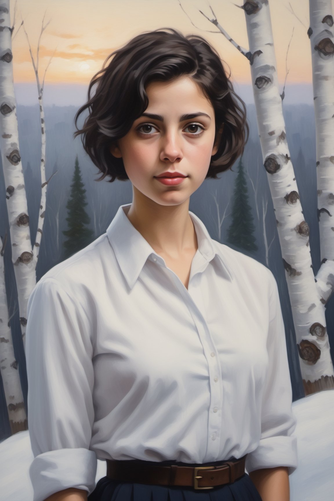 oil painting portrait of a young European Jewish girl with short black hair, tan, broad shoulders, wearing a white collared shirt,
standing in front of a snowy forest of birch trees, 
with skyscrapers in the background.  sky is hazy foggy and overcast,  it is twilight.