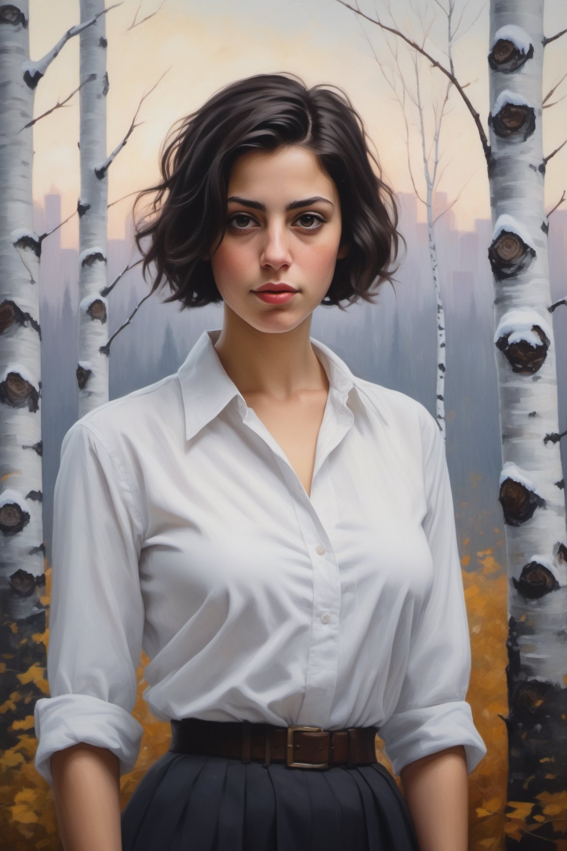 oil painting portrait of a young European Jewish girl with short black hair, tan, broad shoulders, wearing a white collared shirt, unbuttoned in the front, large heavy natural breasts, 
standing in front of a snowy forest of birch trees, 
with skyscrapers in the background.  sky is hazy foggy and overcast,  it is twilight.