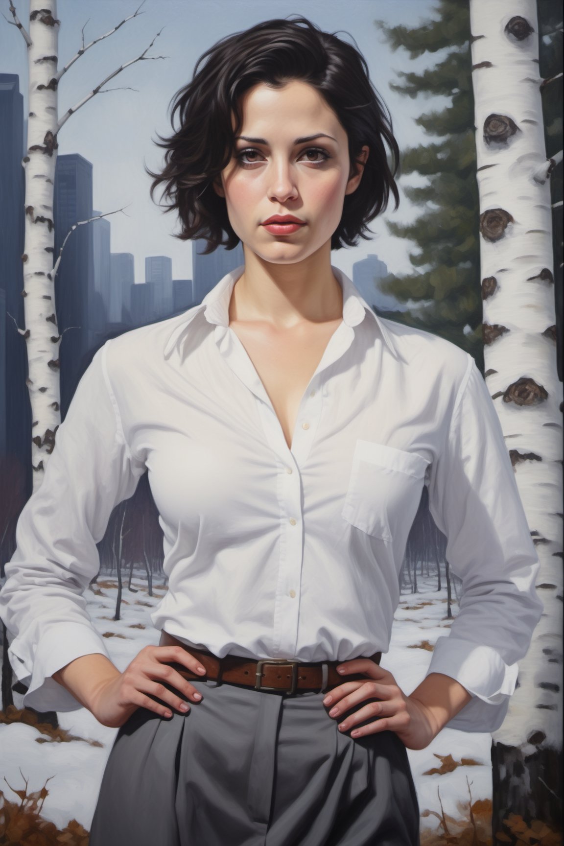 oil painting portrait of a nude young European Jewish woman, 

30 years old, with short black hair, tan, broad shoulders, 

(((wearing a white collared shirt unbuttoned at the front)))

naked, large heavy natural breasts, cleavage,

standing in front of a snowy forest of birch trees, 
with skyscrapers visible in the background.  sky is hazy foggy and overcast,  it is twilight.