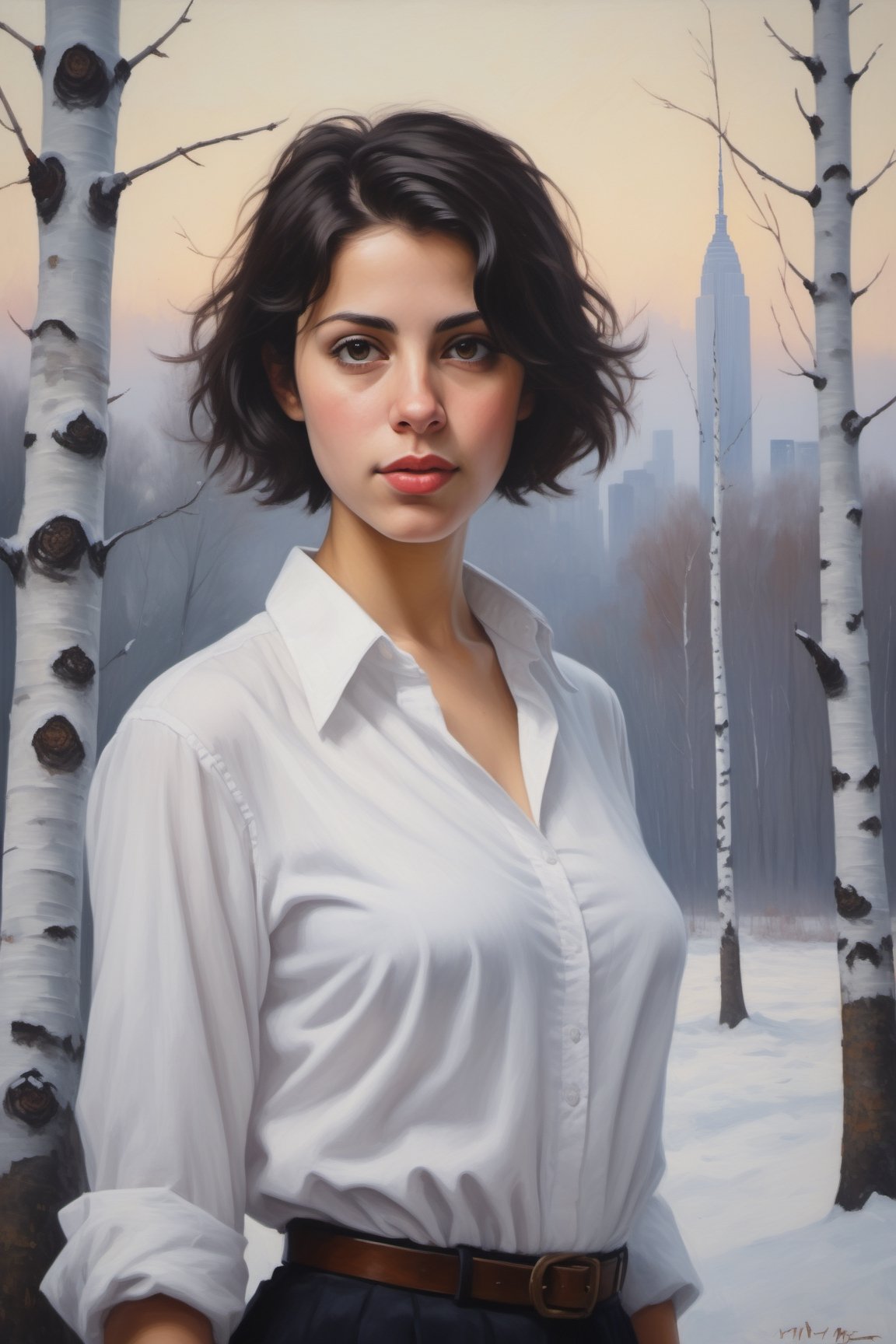 oil painting portrait of a young European Jewish girl with short black hair, tan, broad shoulders, wearing a white collared shirt unbuttoned in the front, large heavy natural breasts, cleavage,
standing in front of a snowy forest of birch trees, 
with skyscrapers in the background.  sky is hazy foggy and overcast,  it is twilight.