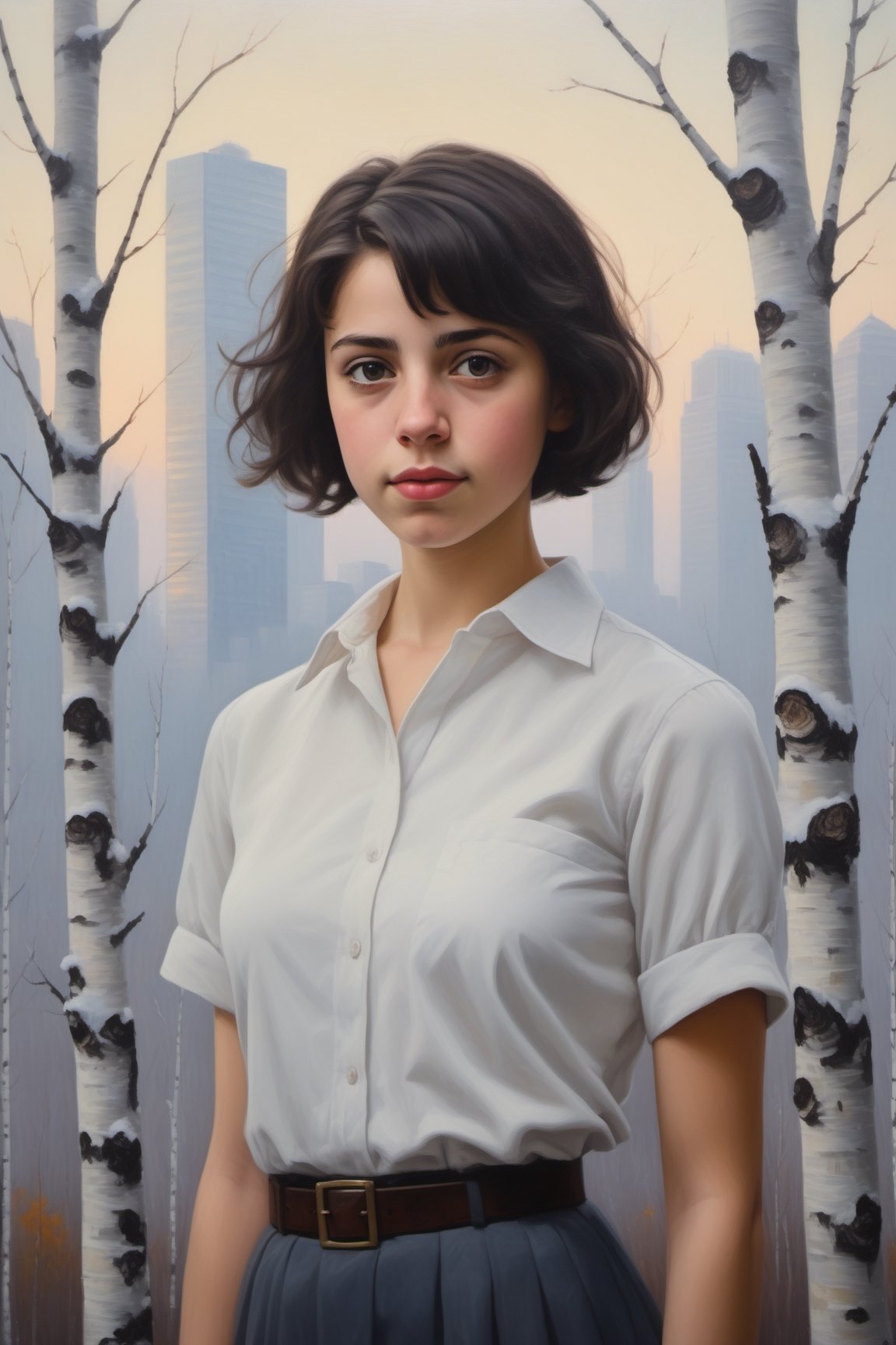 oil painting portrait of a young European Jewish girl with short black hair, tan, broad shoulders, wearing a white collared shirt,
standing in front of a snowy forest of birch trees, 
with skyscrapers in the background.  sky is hazy foggy and overcast,  it is twilight.