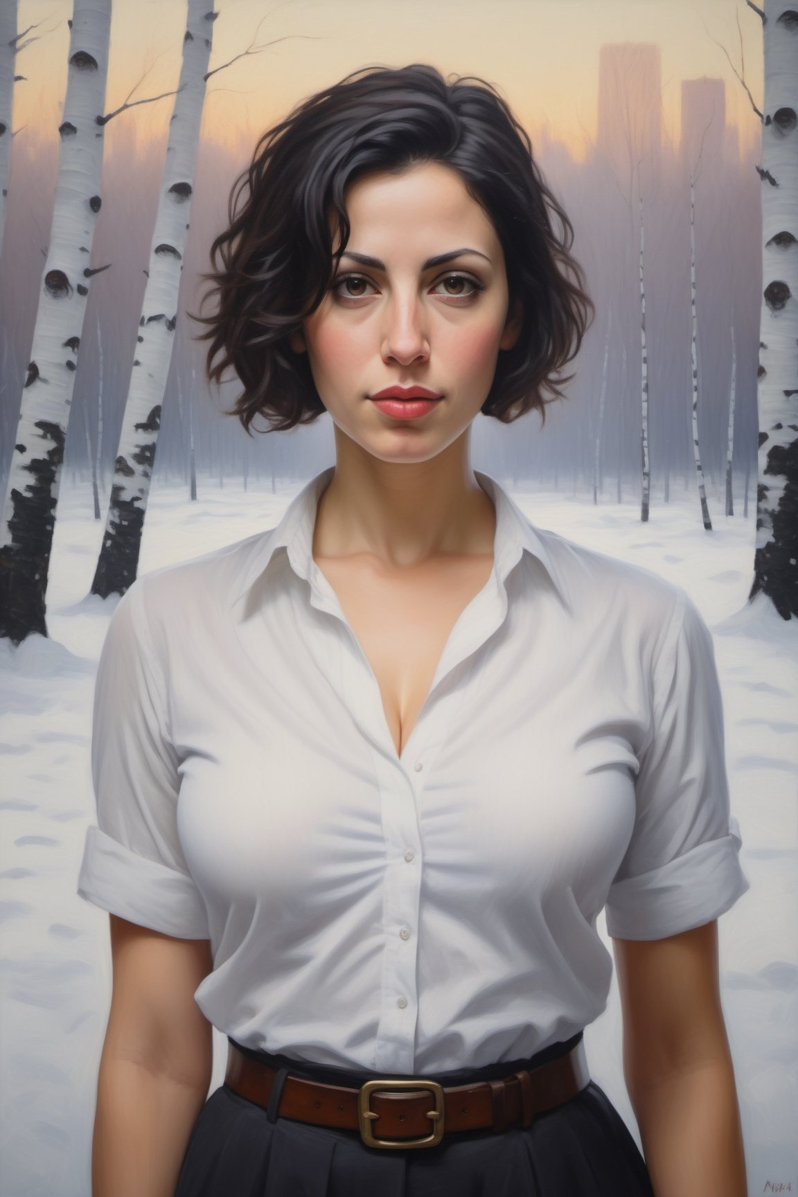 oil painting portrait of a young European Jewish woman, 32 years old, with short black hair, tan, broad shoulders, wearing a white collared shirt unbuttoned at the front, large heavy natural breasts, cleavage,
standing in front of a snowy forest of birch trees, 
with skyscrapers in the background.  sky is hazy foggy and overcast,  it is twilight.