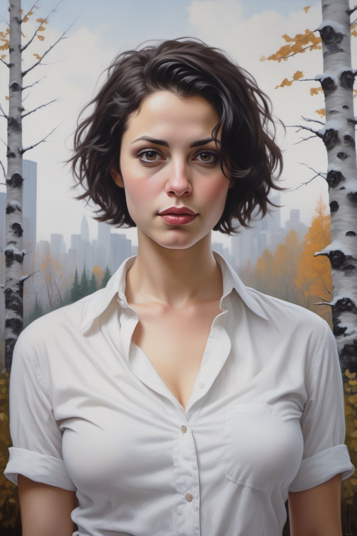 oil painting portrait of a nude young European Jewish woman, 

30 years old, with short black hair, tan, broad shoulders, 

(((wearing a white collared shirt unbuttoned at the front)))

naked, large heavy natural breasts, cleavage,

standing in front of a snowy forest of birch trees, 
with skyscrapers visible in the background.  sky is hazy foggy and overcast,  it is twilight.