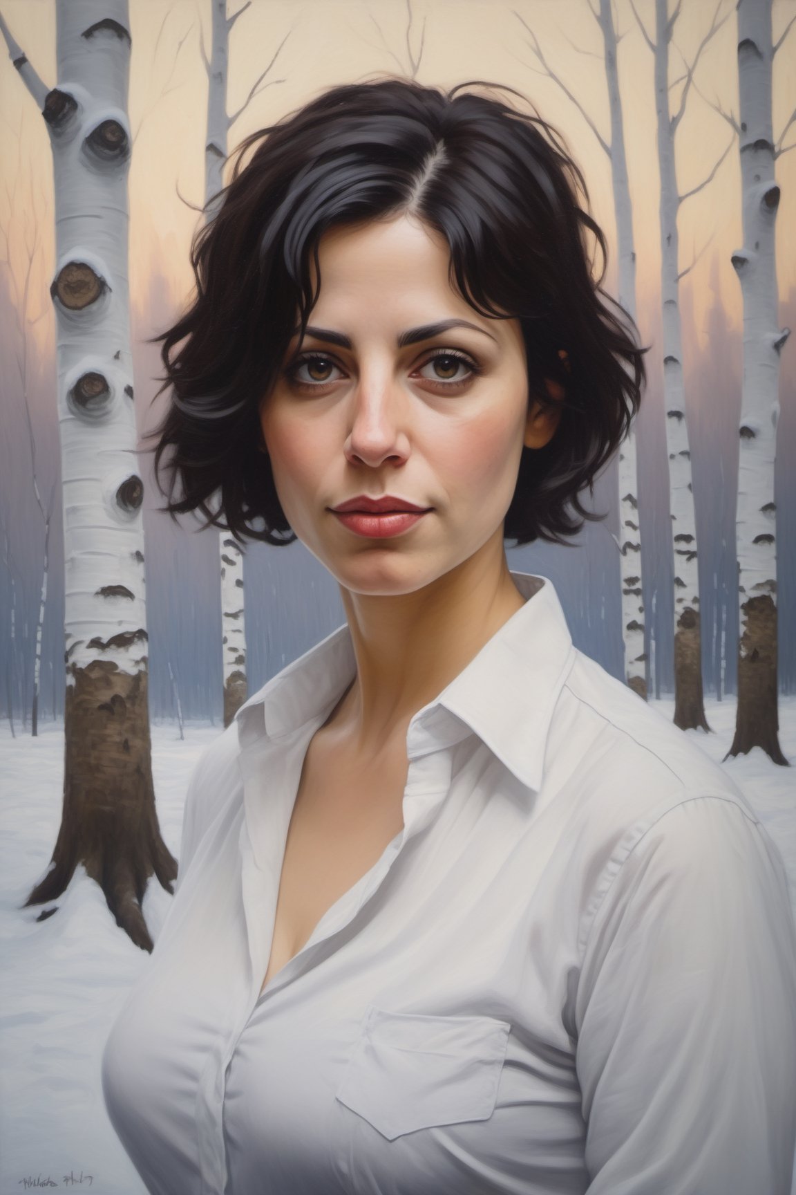 oil painting portrait of a young European Jewish woman, 35 years old, with short black hair, tan, broad shoulders, wearing a white collared shirt unbuttoned in the front, large heavy natural breasts, cleavage,
standing in front of a snowy forest of birch trees, 
with skyscrapers in the background.  sky is hazy foggy and overcast,  it is twilight.