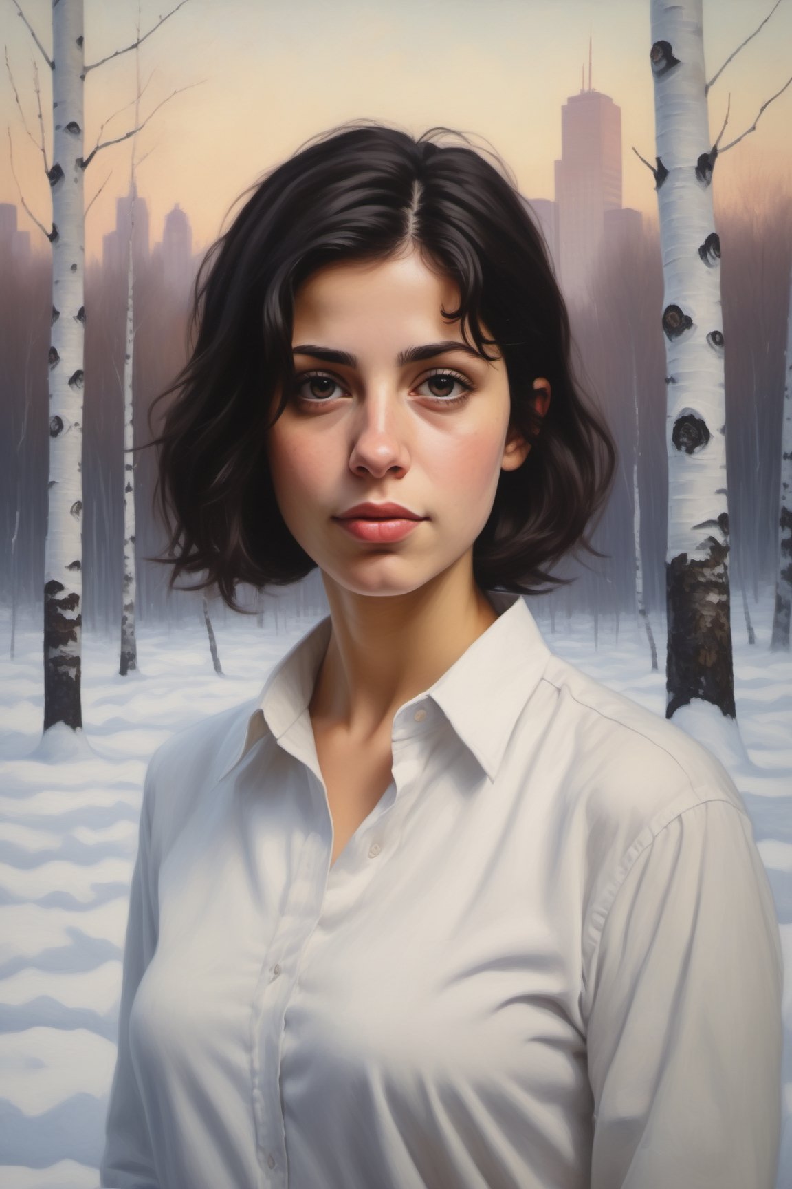 oil painting portrait of a young European Jewish girl with short black hair, tan, broad shoulders, wearing a white collared shirt, unbuttoned in the front, large heavy natural breasts, 
standing in front of a snowy forest of birch trees, 
with skyscrapers in the background.  sky is hazy foggy and overcast,  it is twilight.