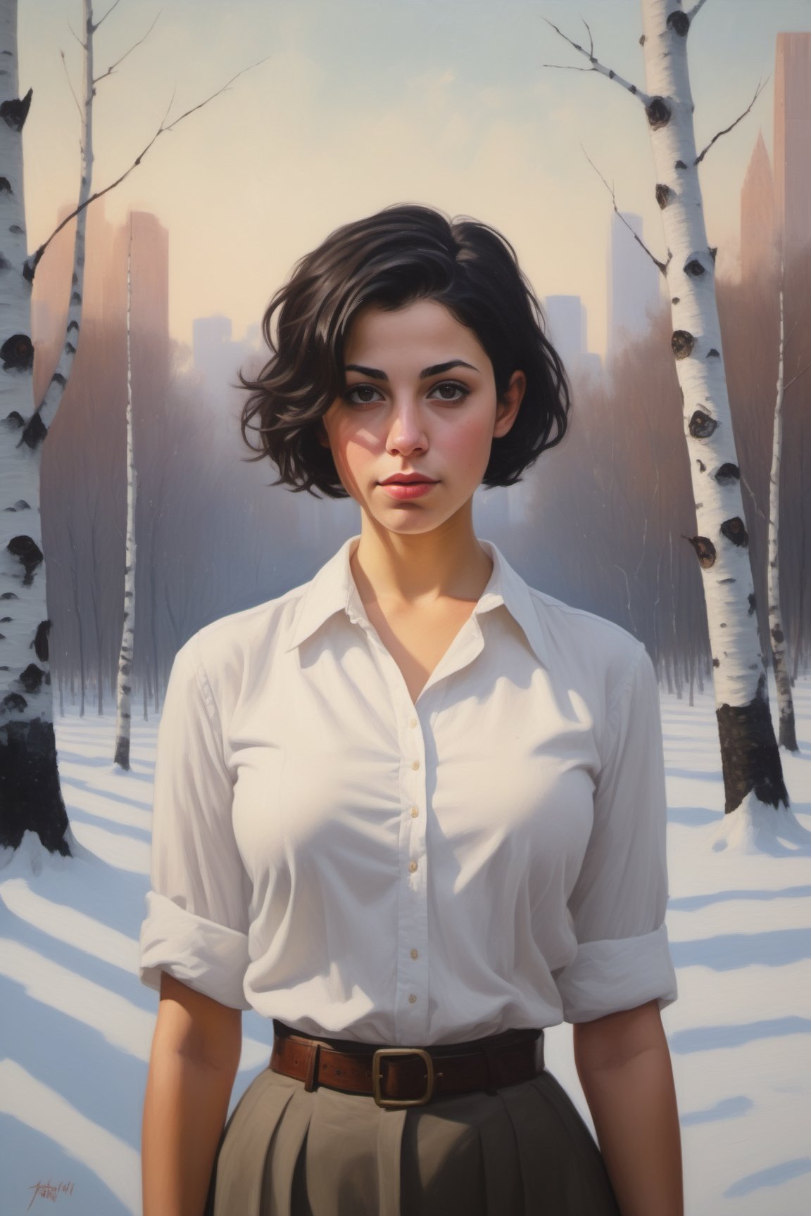 oil painting portrait of a young European Jewish girl with short black hair, tan, broad shoulders, wearing a white collared shirt unbuttoned in the front, large heavy natural breasts, cleavage,
standing in front of a snowy forest of birch trees, 
with skyscrapers in the background.  sky is hazy foggy and overcast,  it is twilight.