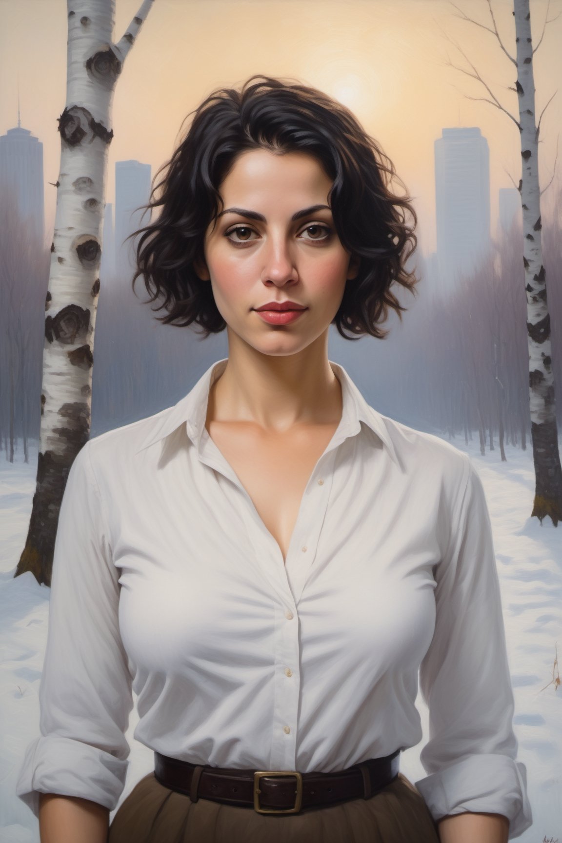 oil painting portrait of a young European Jewish woman, 30 years old, with short black hair, tan, broad shoulders, wearing a white collared shirt unbuttoned at the front, large heavy natural breasts, cleavage,
standing in front of a snowy forest of birch trees, 
with skyscrapers in the background.  sky is hazy foggy and overcast,  it is twilight.