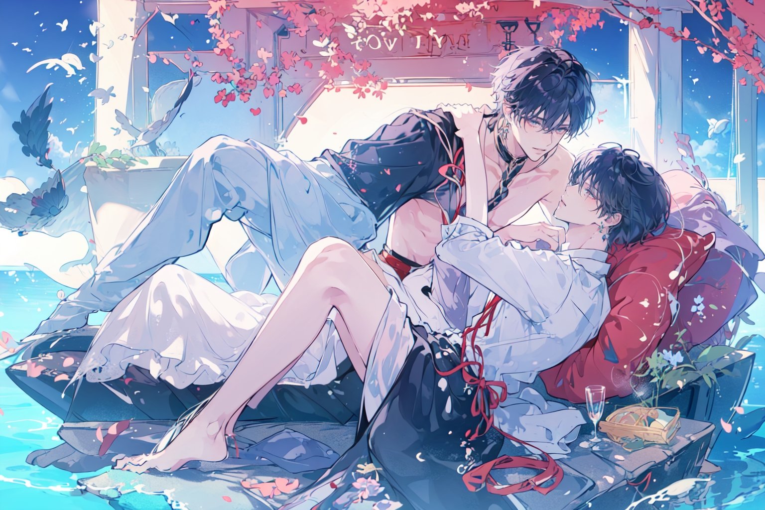 (((2boys flirting))), top quality, best quality, masterpiece, tiara, hair_tied, earrings, physical intimacy, perfect light, (yaoi), (male_only), perfect body, perfect legs, diving_the_water_background, full body shot, full_length_portrait,
