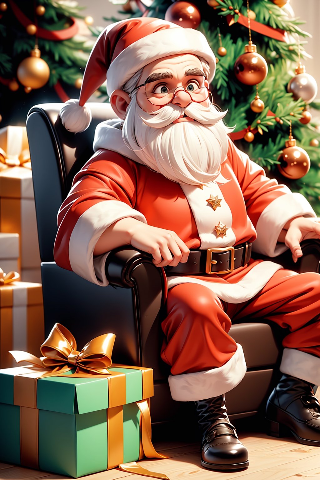 masterpiece,{{{best quality}}}, Santa Claus seating near Christmas tree (Christmas theme),