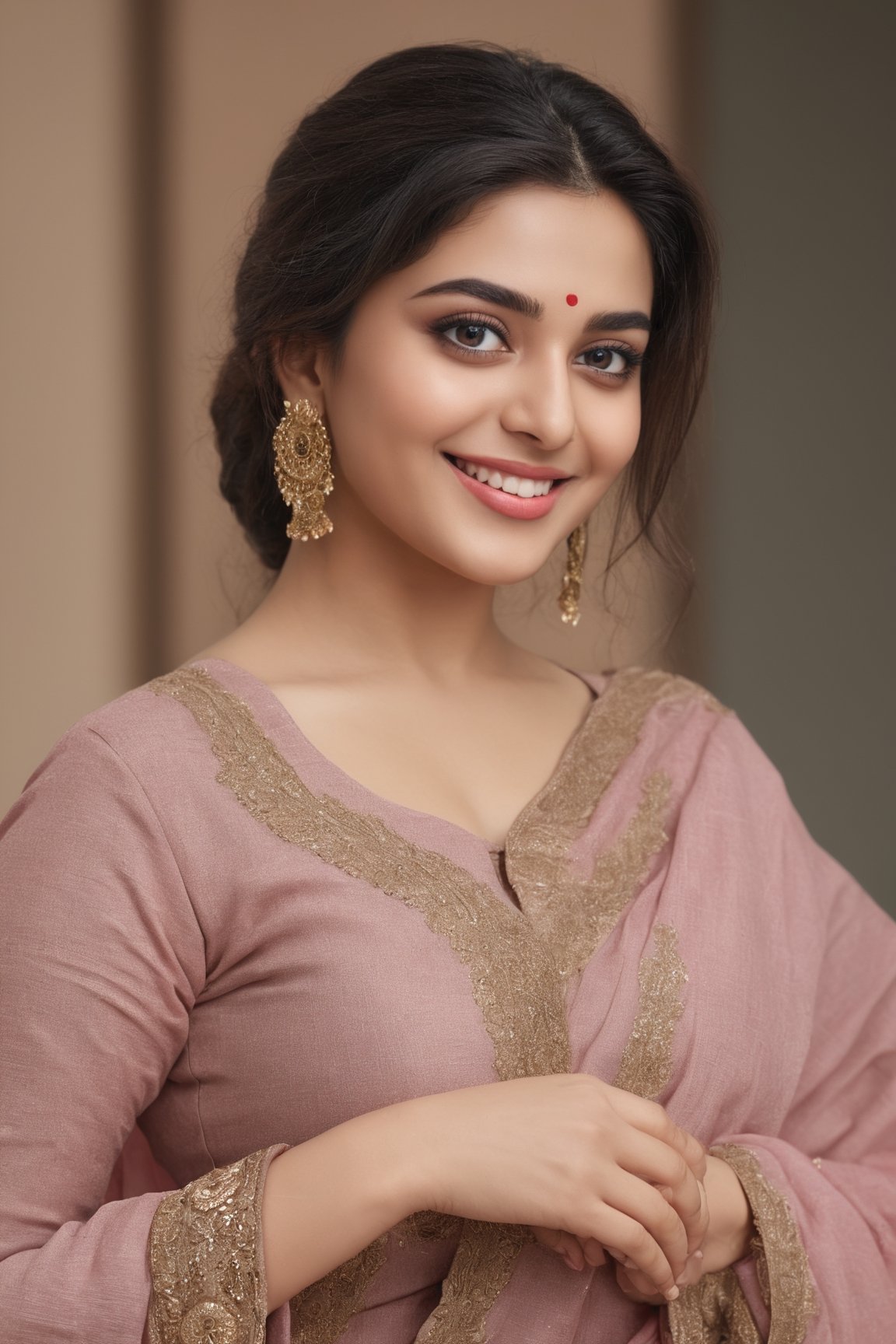 (best quality, 4k, 8k, highres, masterpiece:1.2), ultra-detailed, realistic, cute smile, beautiful detailed face, beautiful detailed hands, extremely detailed eyes, long eyelashes, curvy_figure,Sexy Pose,wearing_trouser_qameez_duppata,looking_at_viewer